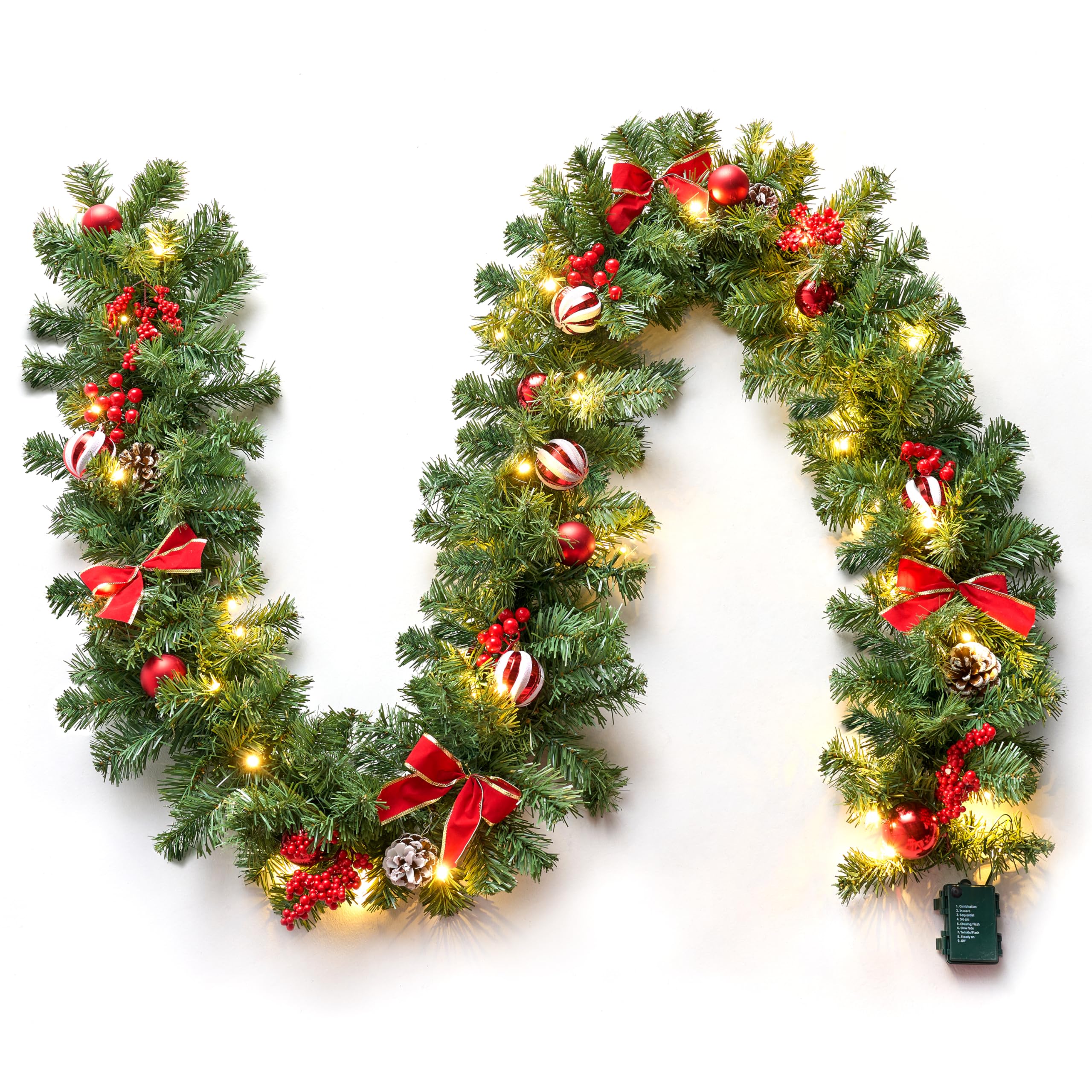 Joiedomi Weihnachtsgirlande mit Lichtern, 50 warmweiße LEDs, Weihnachtsbaumgirlande mit 8 Beleuchtungsmodi, verziert mit Tannenzapfen, Schleifen, Weihnachtskugeln und Beeren für Fenster