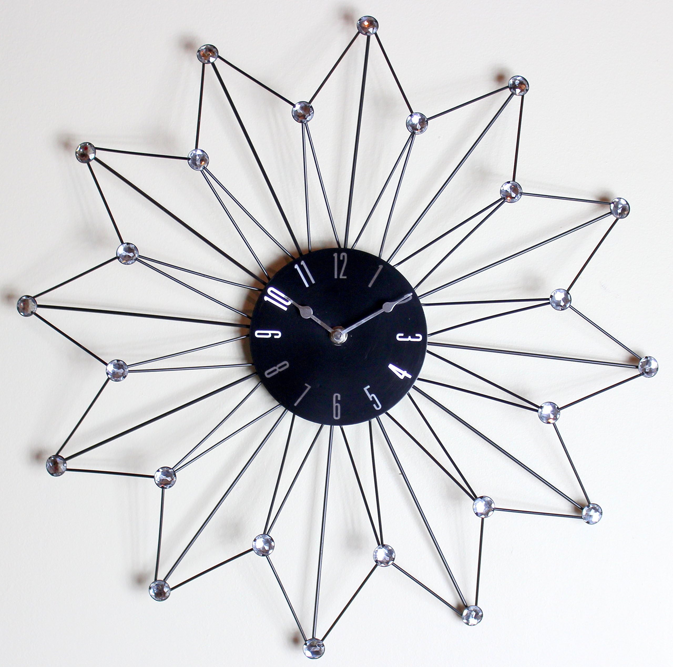 48cm Clear Diamante Beaded Jeweled Black Metal Spikes Sunburst Wall Clock 149