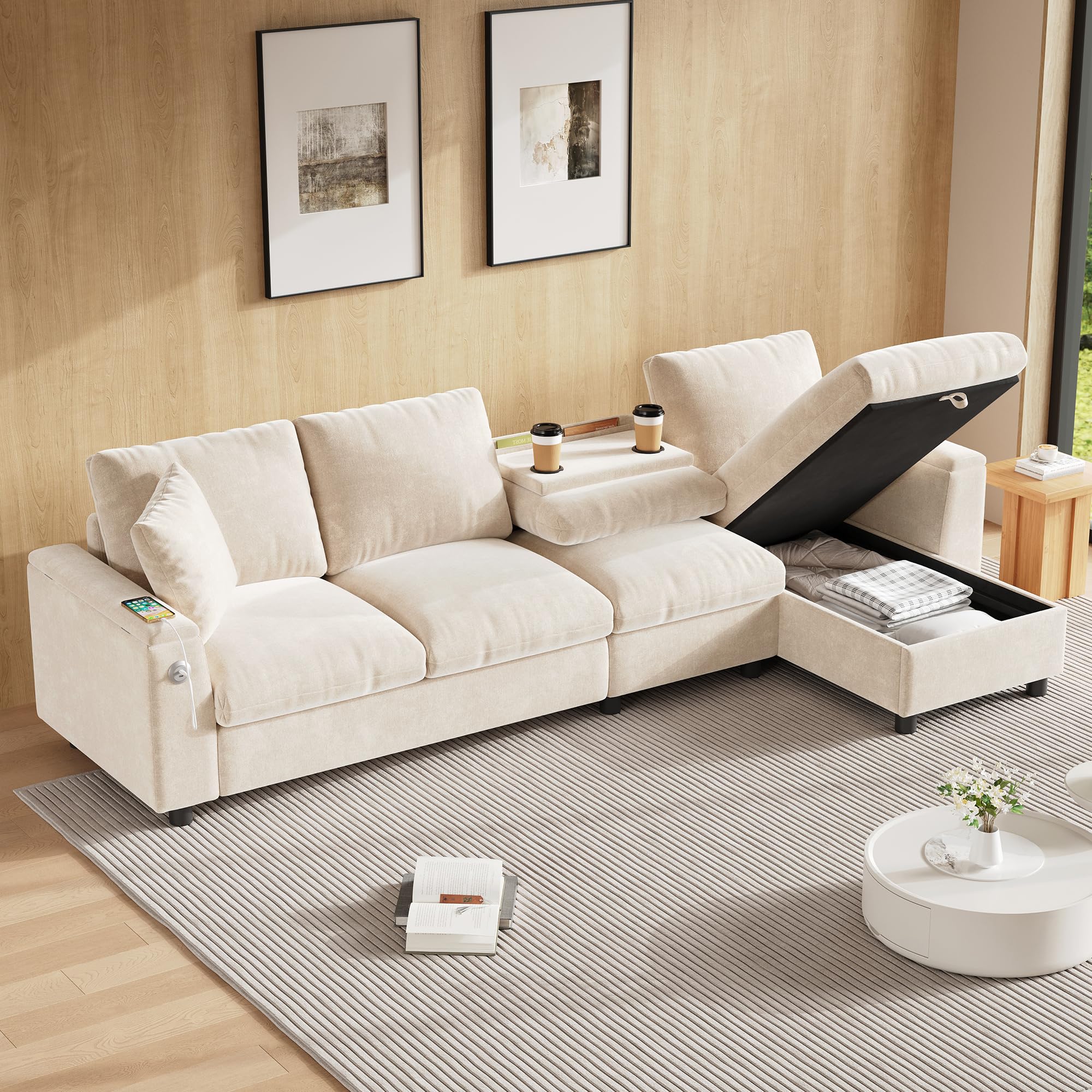 Sofa narożna w kształcie litery L, funkcja spania i wysuwana sofa, materiał szenilowy, miejsce do przechowywania + rozkładany stolik kawowy, złącze ładowania USB-C, regulacja w prawo/lewo