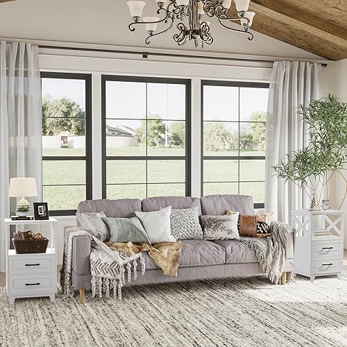 Miniatura 8 de May in Color Juego de 2 mesitas de noche altas, mesita de noche con diseño en forma de X, mesa auxiliar rústica de madera con 2 cajones de