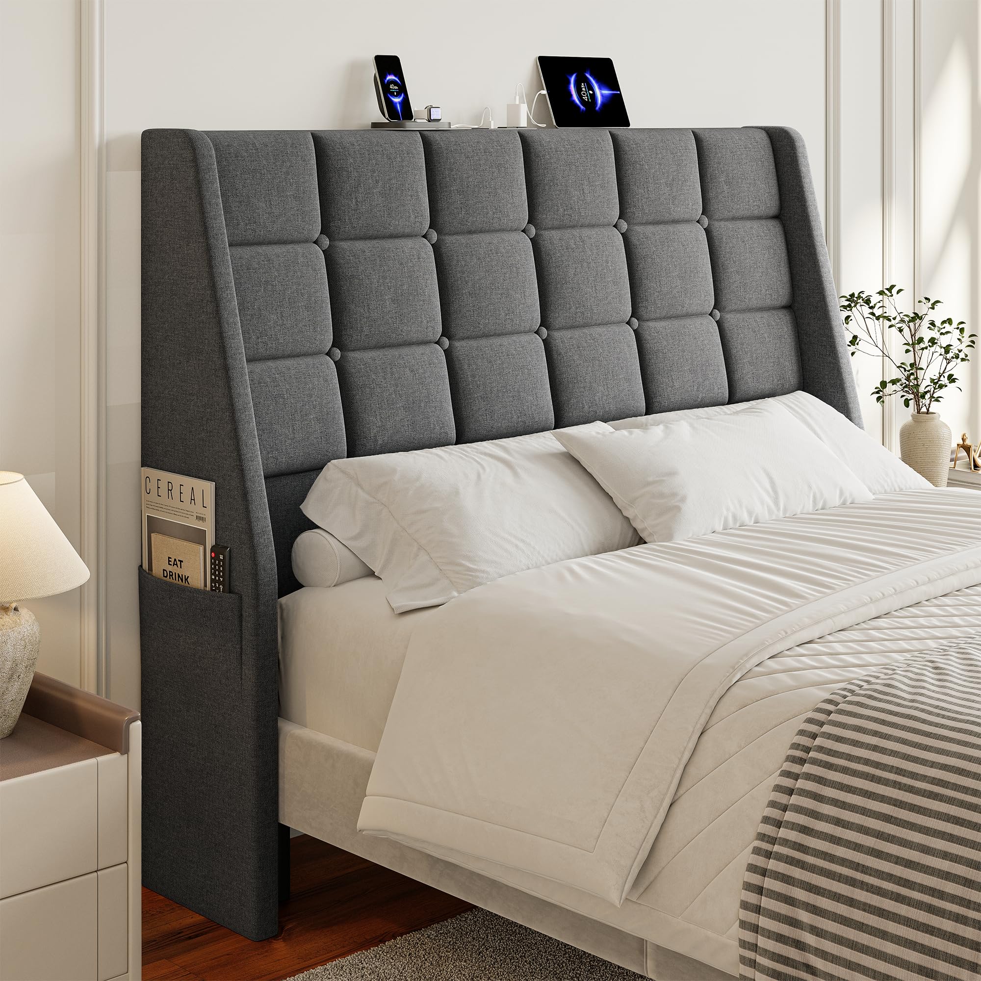 Full Size Headboard with Charging Station, Wingback Ergonomic Headboards