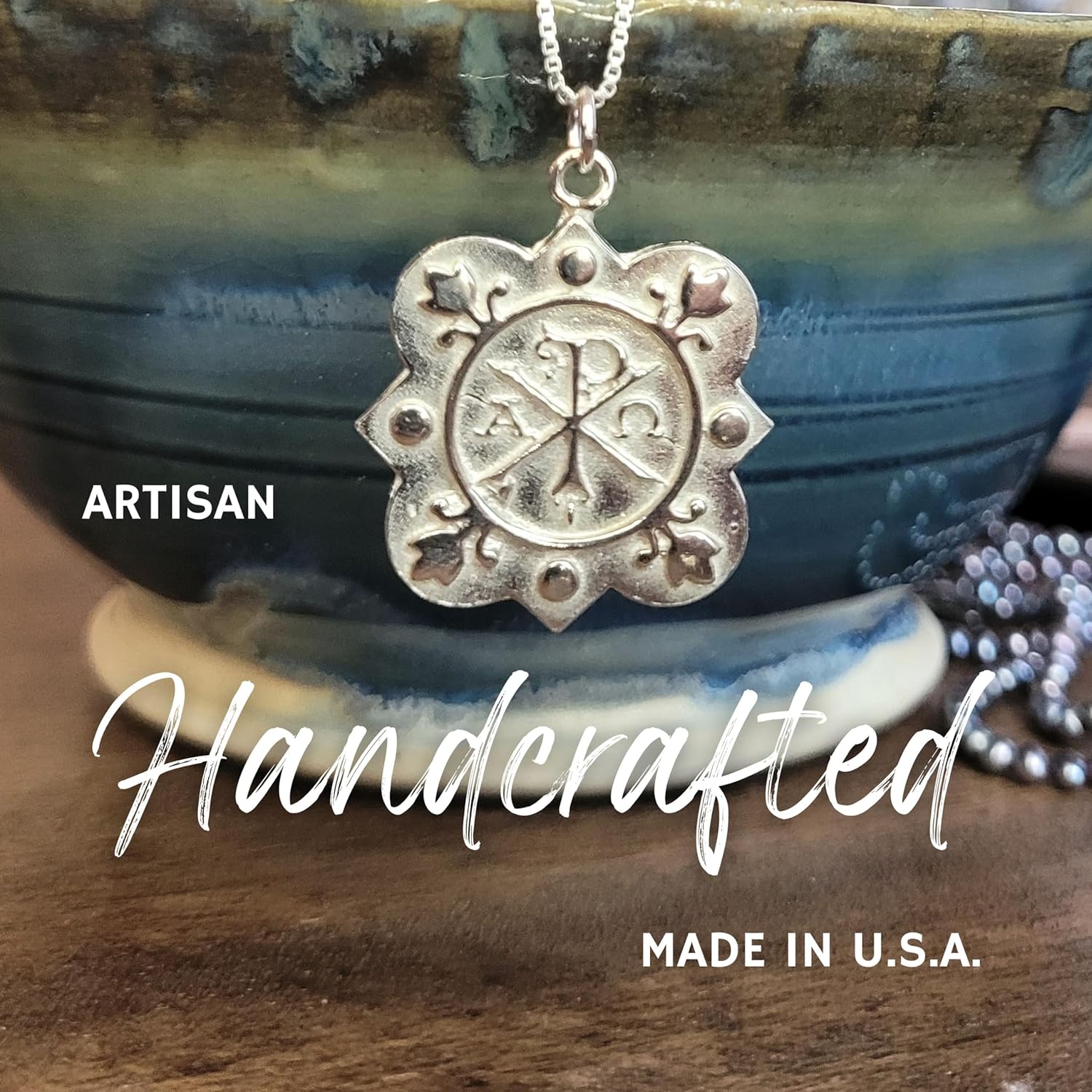 Chi Rho Quatrefoil Christogram Necklace Sterling Silver - Ancient Christian Symbol of Faith and Tradition Gift Box and Story Card included - Made in USA