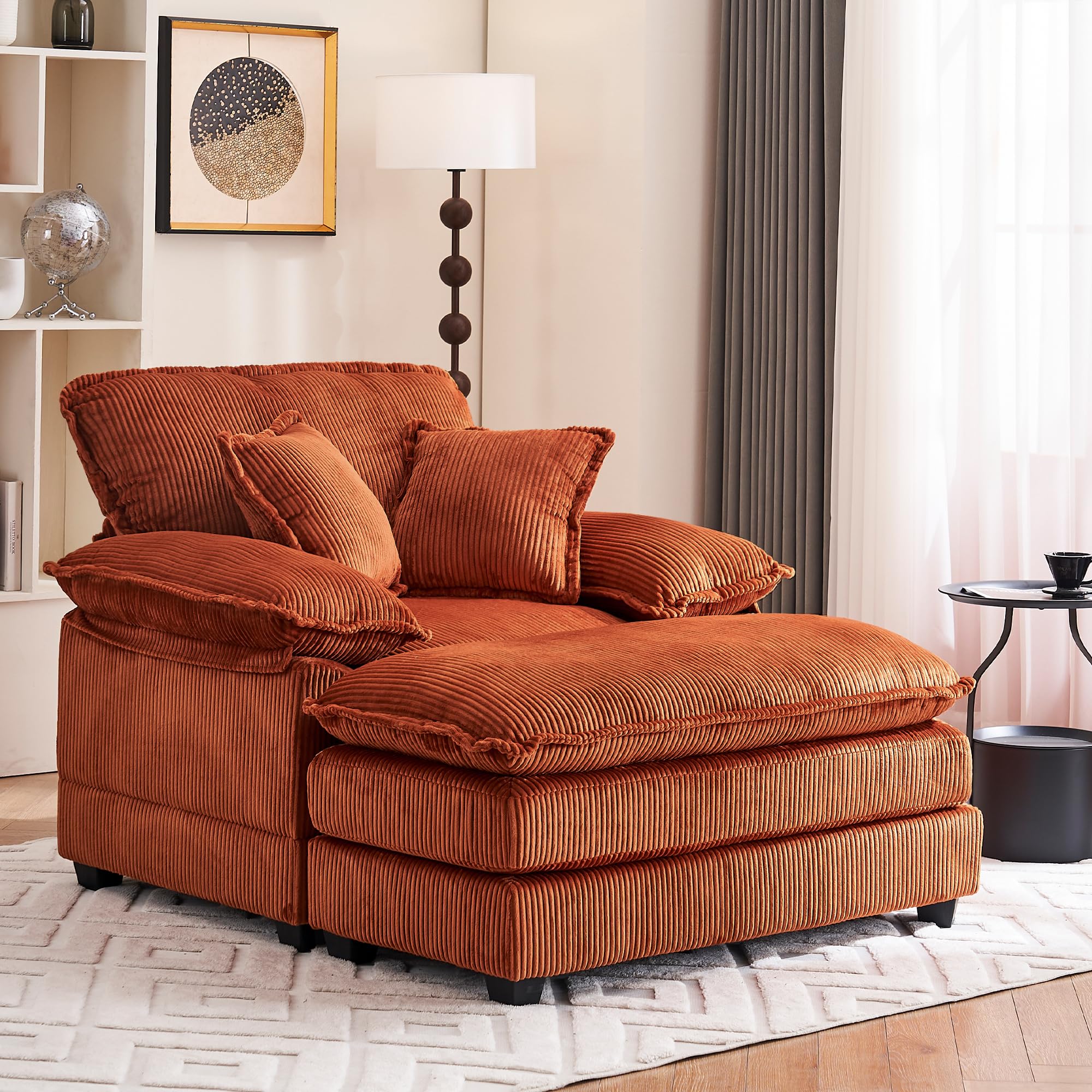 46.9" W Oversized Chair with Ottoman, Corduroy Upholstered Chaise Lounge Chair Indoor Reading Chairs Sofa Couche Oversized Comfy Chairs for Living Room, Bedroom (Corduroy Orange)