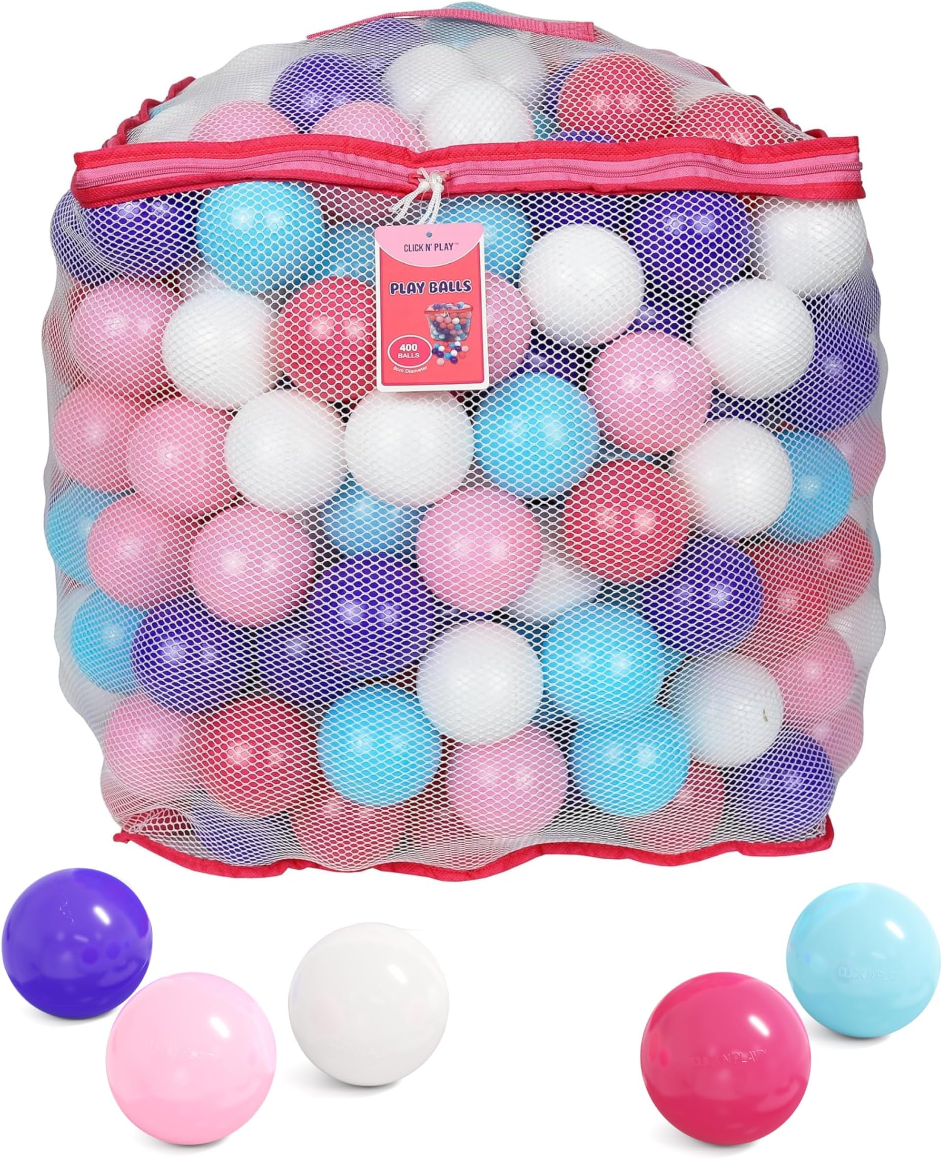 Click N' Play Phthalate Free BPA Free Crush Proof Plastic Ball, Pit Balls - 5 Pastel Colors in Reusable and Durable Storage Mesh Bag, 400 Count