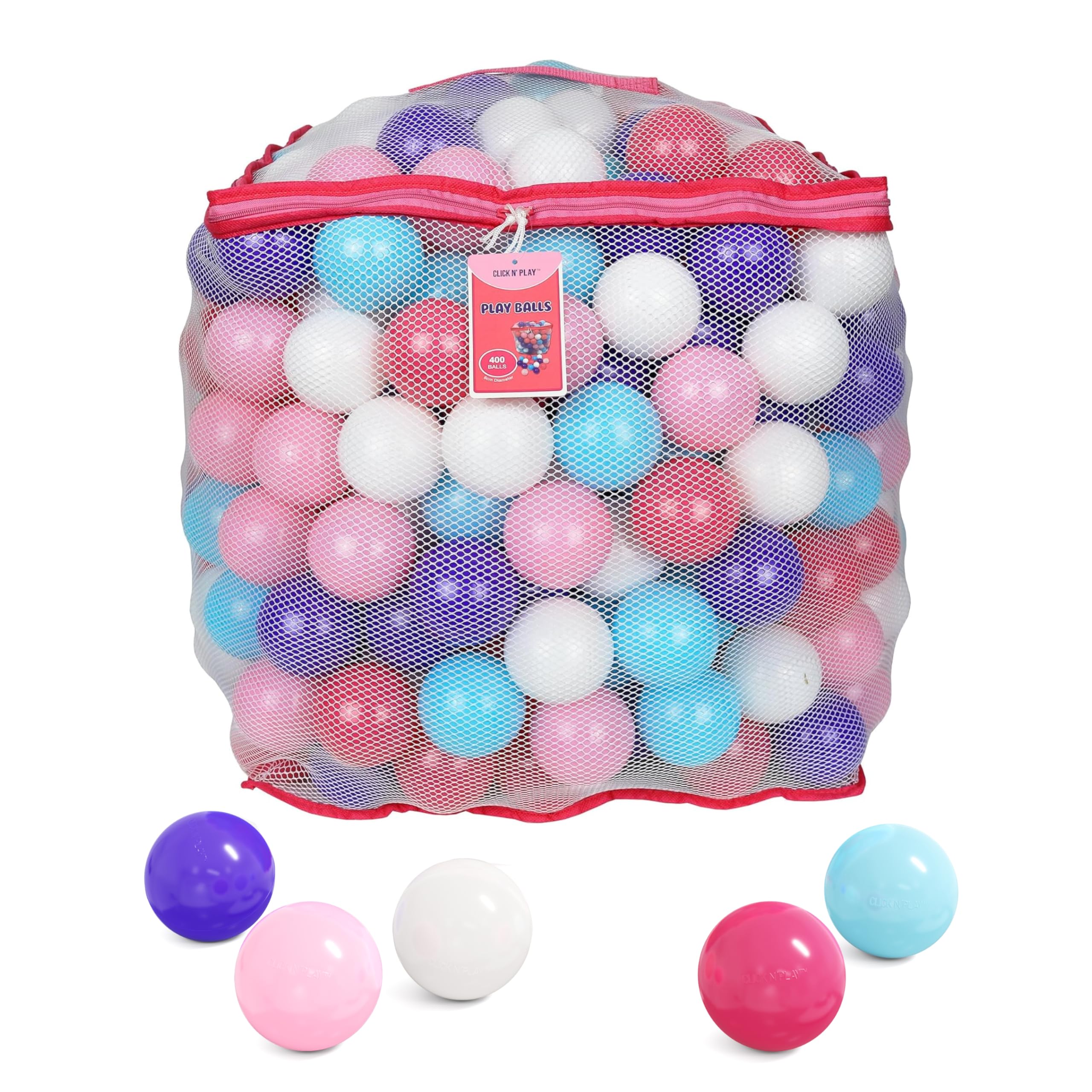 Click N' PlayPhthalate Free BPA Free Crush Proof Plastic Ball, Pit Balls - 5 Pastel Colors in Reusable and Durable Storage Mesh Bag, 400 Count