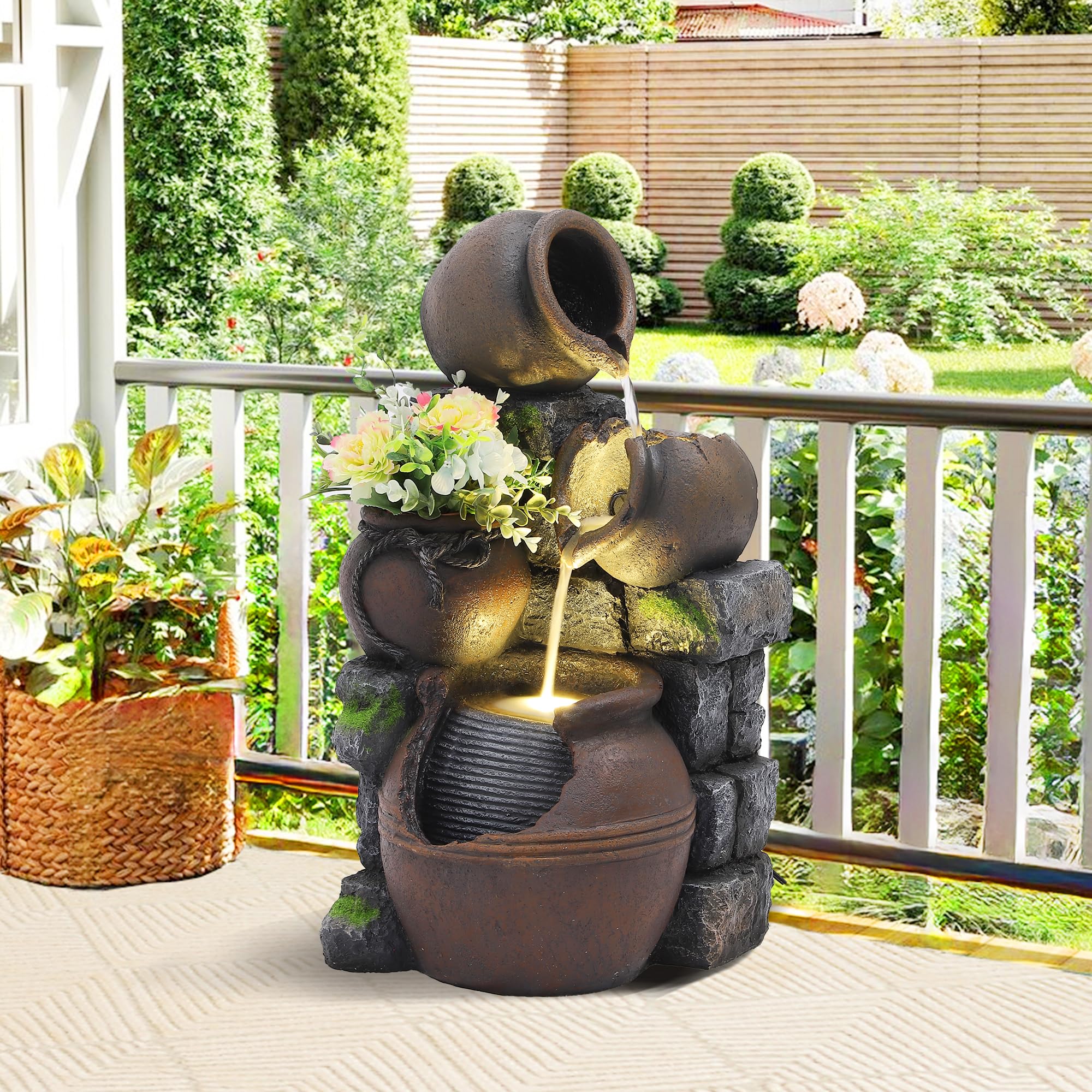 4 Cascading Jugs Outdoor Fountain and Waterfalls, 3 Tiered Resin Pitchers Pot Floor Standing Water Fountain with Led Lights Pump, Soothing Tranquility Water Fountains for Home Garden Yard, 24"H-image-7