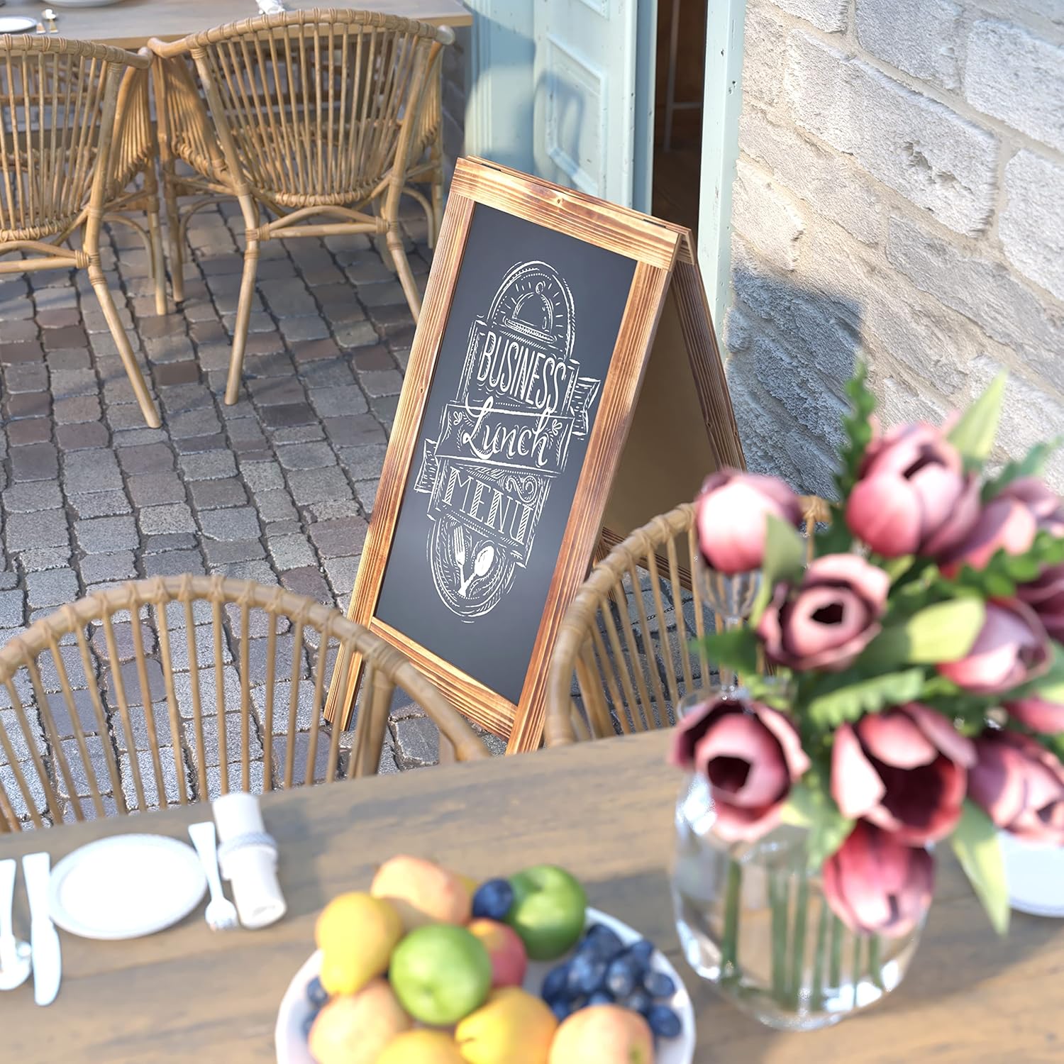 EMMA + OLIVER Burke Sandwich Chalkboard - Rustic Brown Folding A-Frame - Double Sided Magnetic Drawing Surface - 40"x20" - Easy to Clean