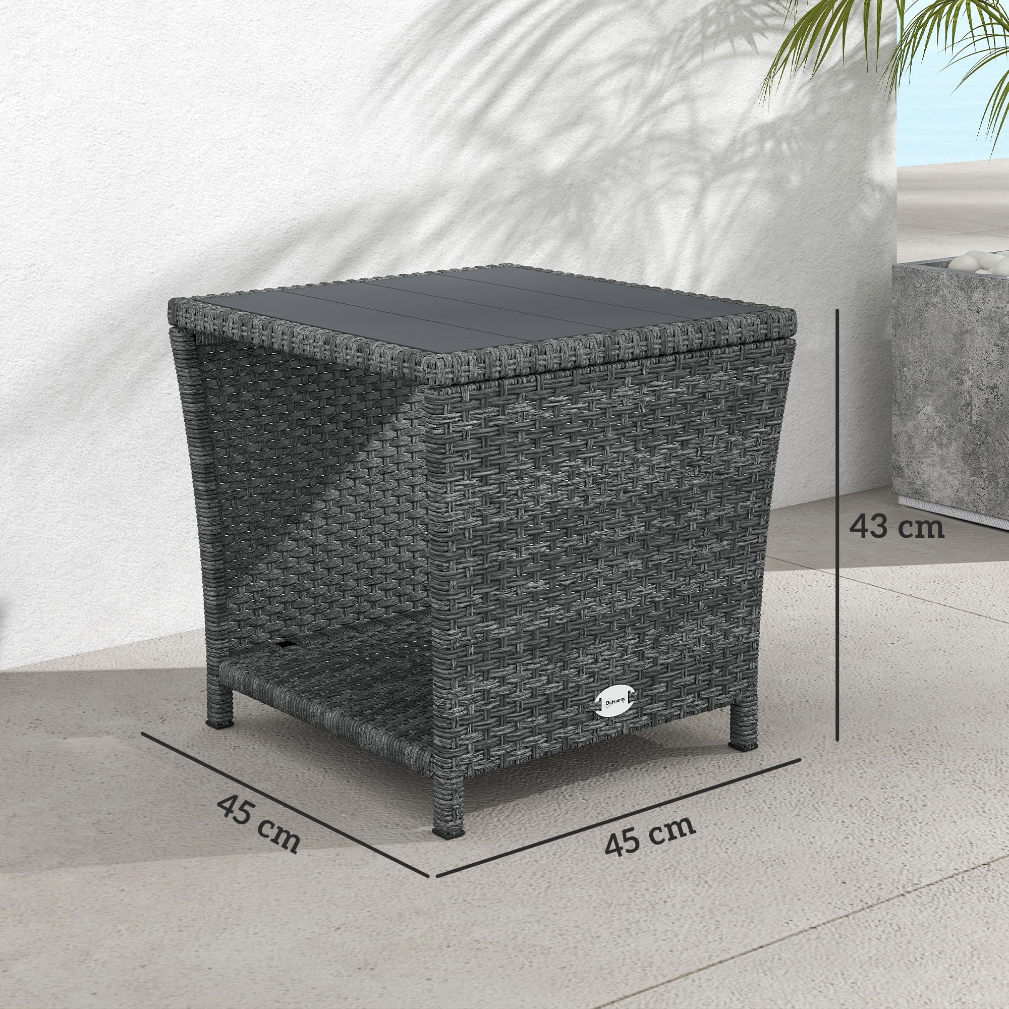 Outsunny 2-Tier PE Rattan Side Table with Storage Shelf, Square Outdoor Coffee Table with PS Wood Slat Top, UV-Resistant for Patio, Garden, Balcony, Grey — view 3