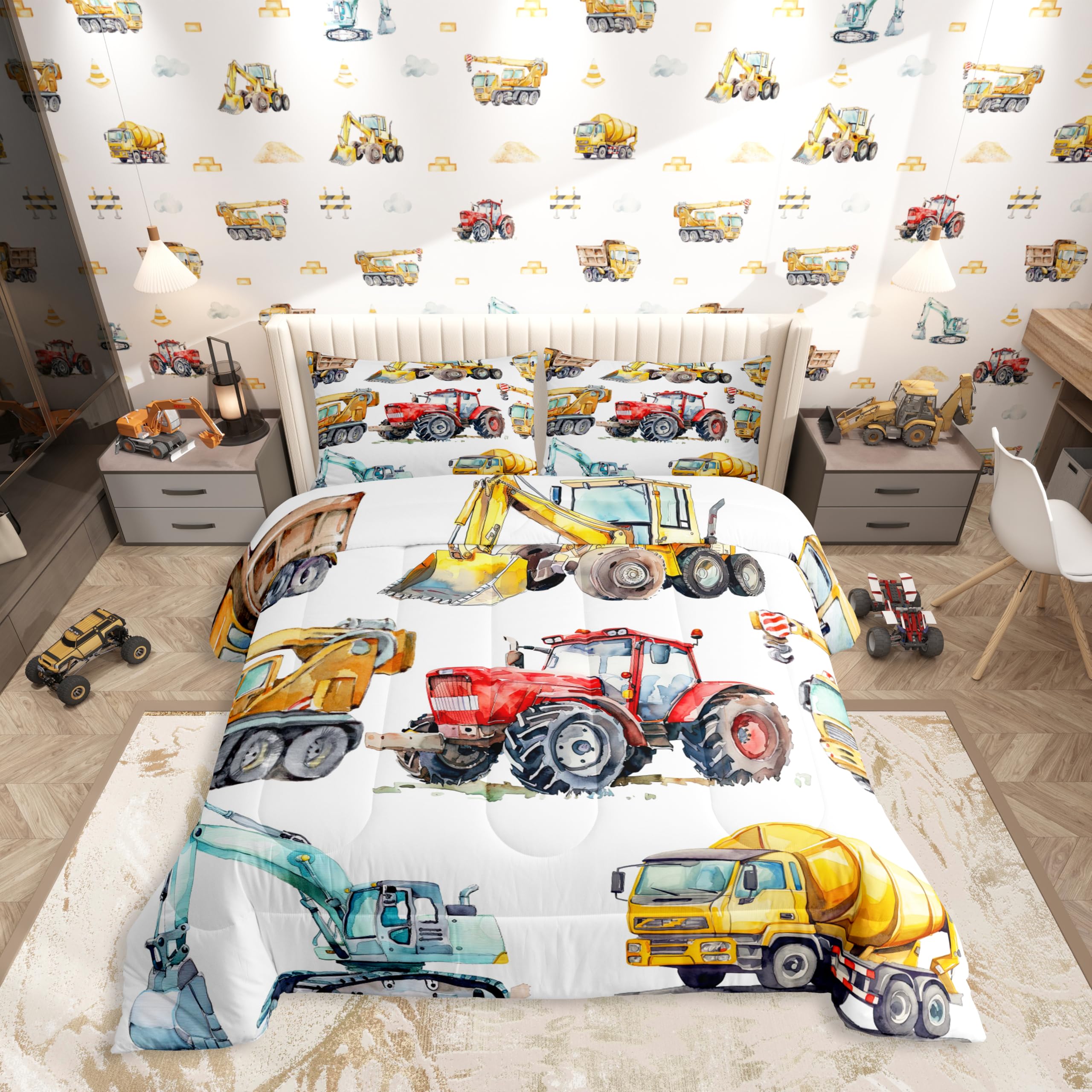 Erosebridal Kids Excavator Comforter Set Queen Size, Retro Truck Down Comforter for Boys Girls Teens, Tractor Machinery Construction Vehicle Bedding