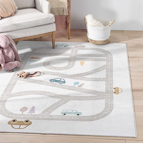 Well Woven Playful Roads - Alfombra de camino para niños, color gris, 3 pies 3 pulgadas x 5 pies, tapete de juego para tráfico
