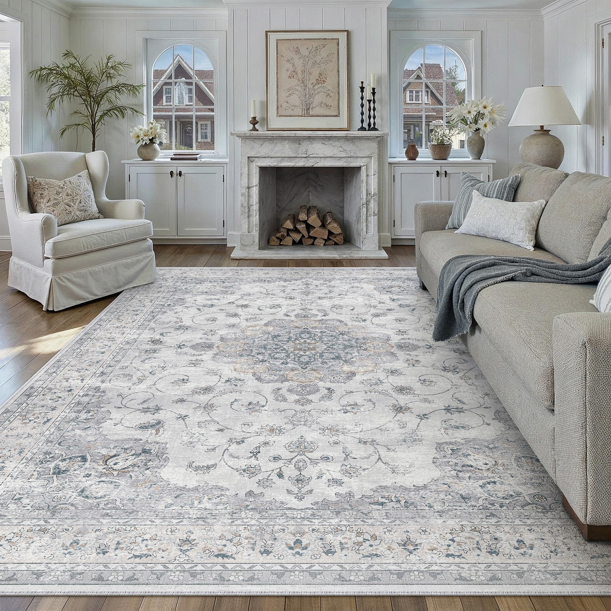 PureCozy Teppich Wohnzimmer 240x300cm Blau Waschbarer Vintage Wohnzimmerteppich kurzflor rutschfest Weich Groß XXL Retro Carpet für Schlafzimmer Esszimmer Bedroom Living Room Büro
