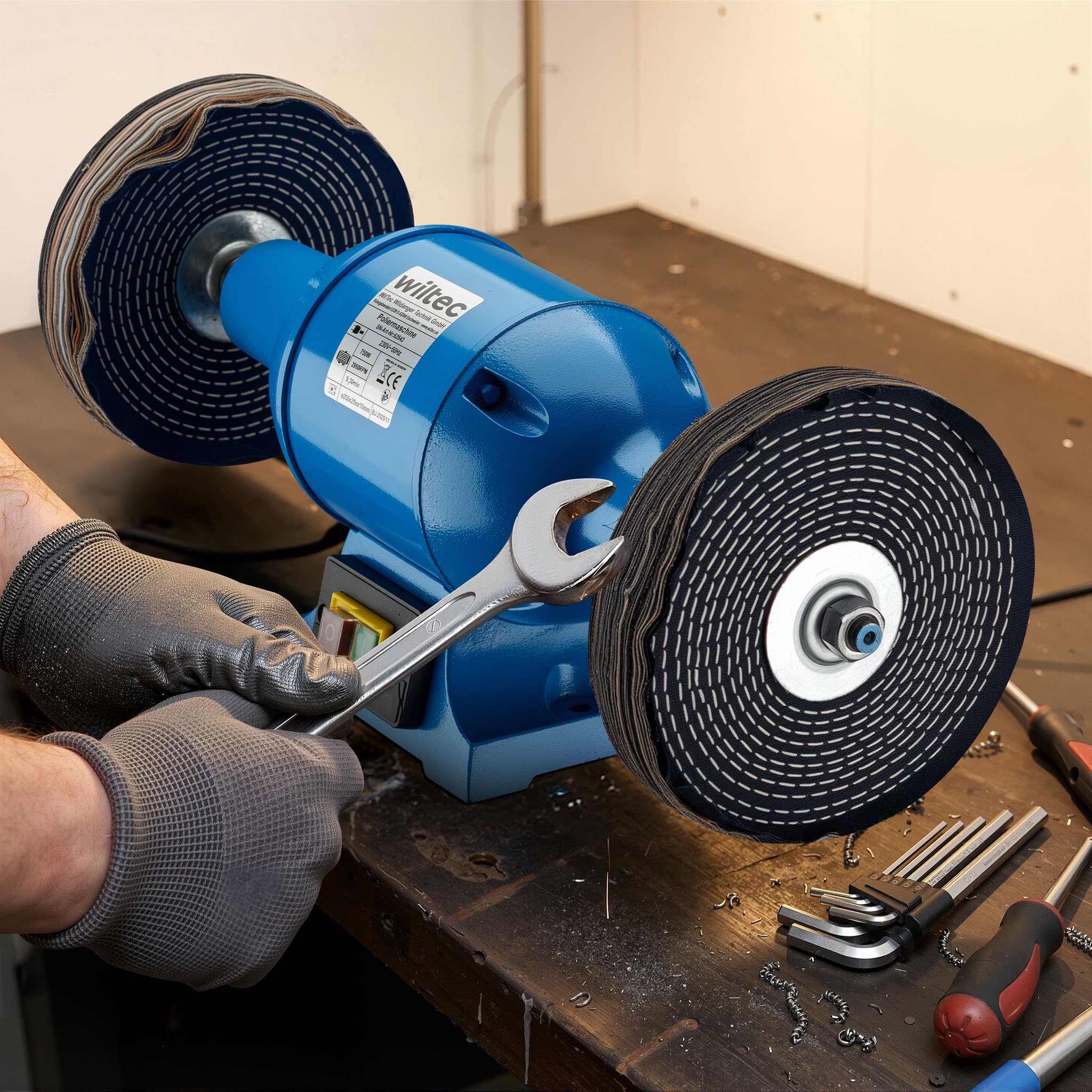 Lucidatrice 750W 2 dischi di lucidatura Ø 200mm Smerigliatrice doppia Struttura e supporto robusti