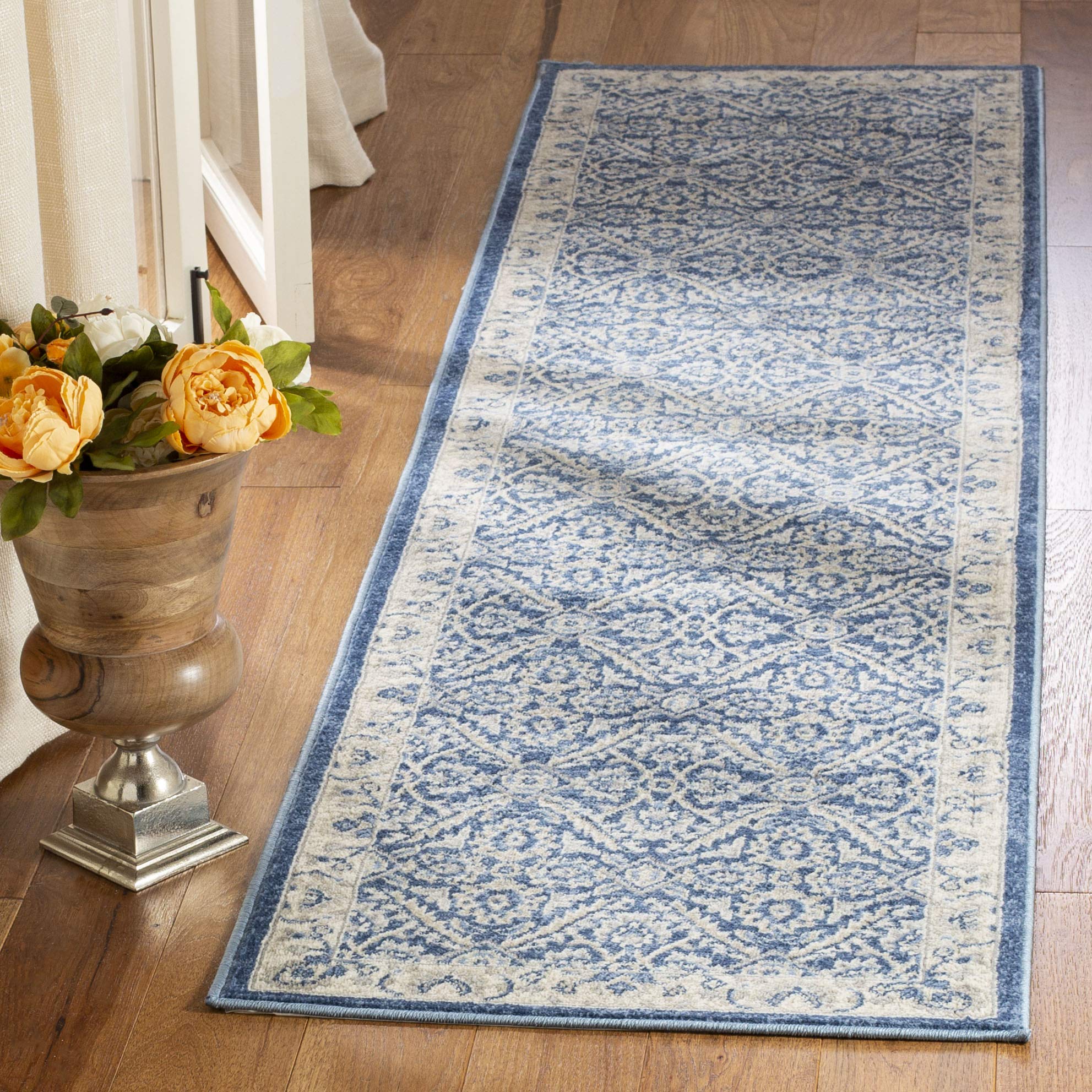 SAFAVIEH Brentwood Collection Runner Rug - 2' x 22', Navy & Creme, Traditional Oriental Design, Non-Shedding & Easy Care, Ideal for High Traffic Areas