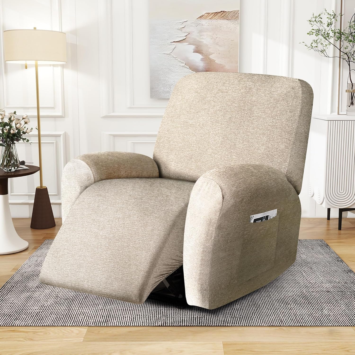 Recliner Chair Covers 4 Piece Stretch Couch Covers Recliner Slipcovers Couch Furniture Protector with Stripe Jacquard Sofa Cover Washable for Pets (Khaki)