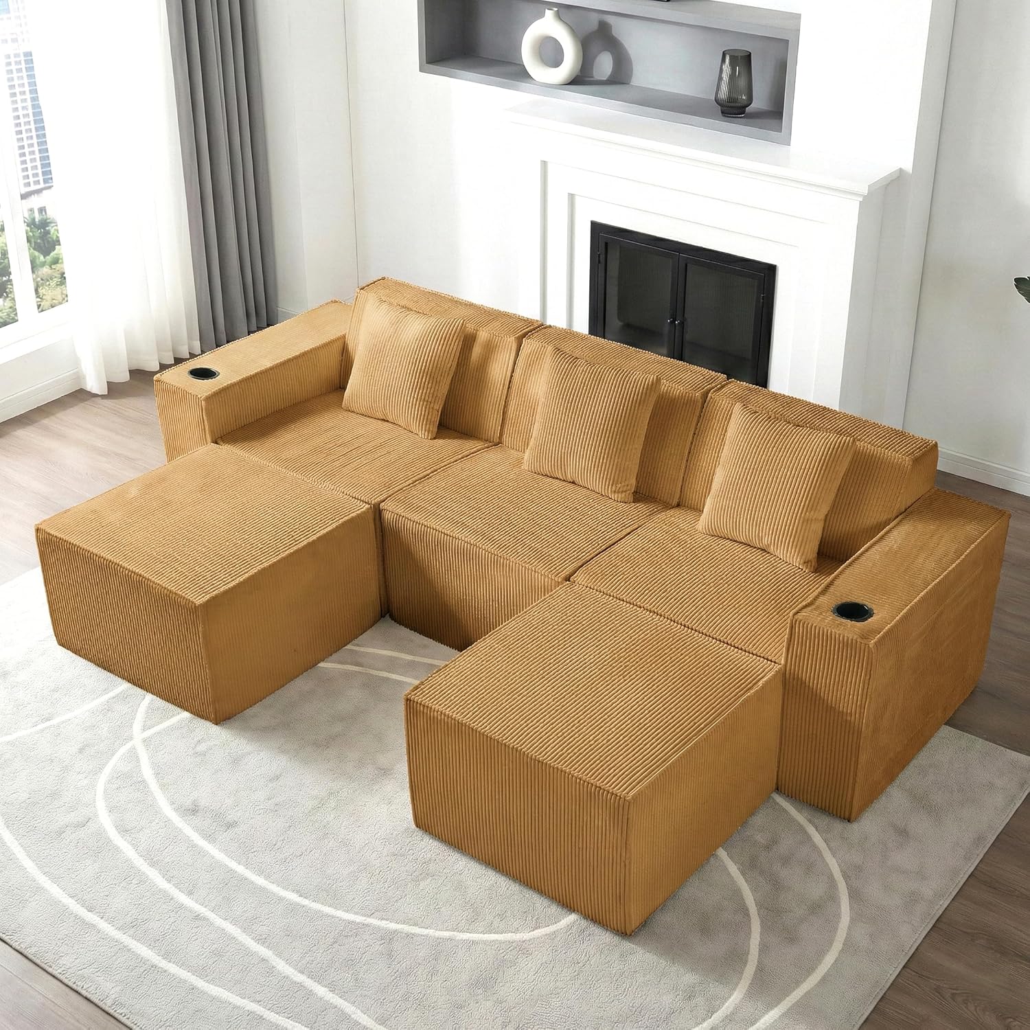 Cloud Modular Sectional Couch,Boneless Corduroy Sofa for Living Room,U Shaped Sofa with Ottoman,Deep Seat,No Assembly Required (Brown, U Shaped 3 Seater + 2 Ottoman)