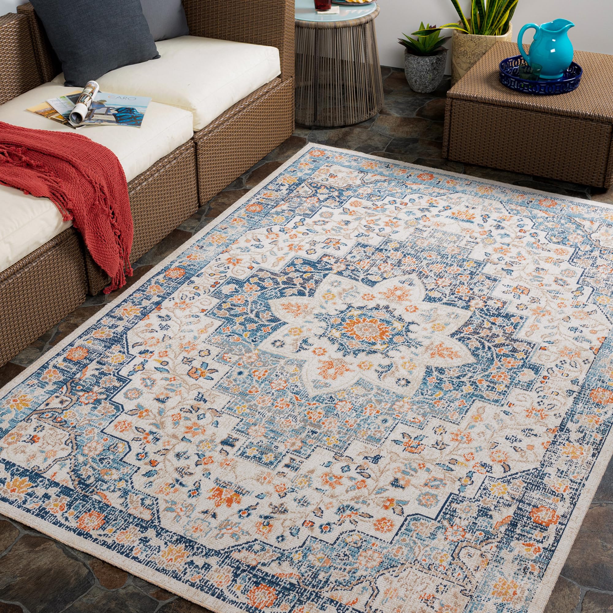 Tapis exterieur terrasse bleu orange style scandinave pour votre balcon 120x170