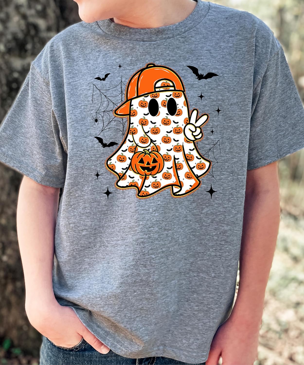 Olive Loves Apple Trendy Ghost Peace Sign Shirt for Youth and Toddler Boys Fall Halloween T-Shirt