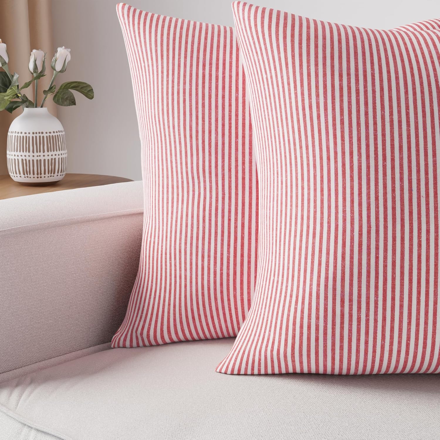 Encasa XO Farmhouse Throw Pillow Covers Set of 2 (20x20 in) Ticking Red | Decorative Cushion Covers No Inserts | Plaid and Stripes Pillow Covers for Living Room, Couch - Image 6