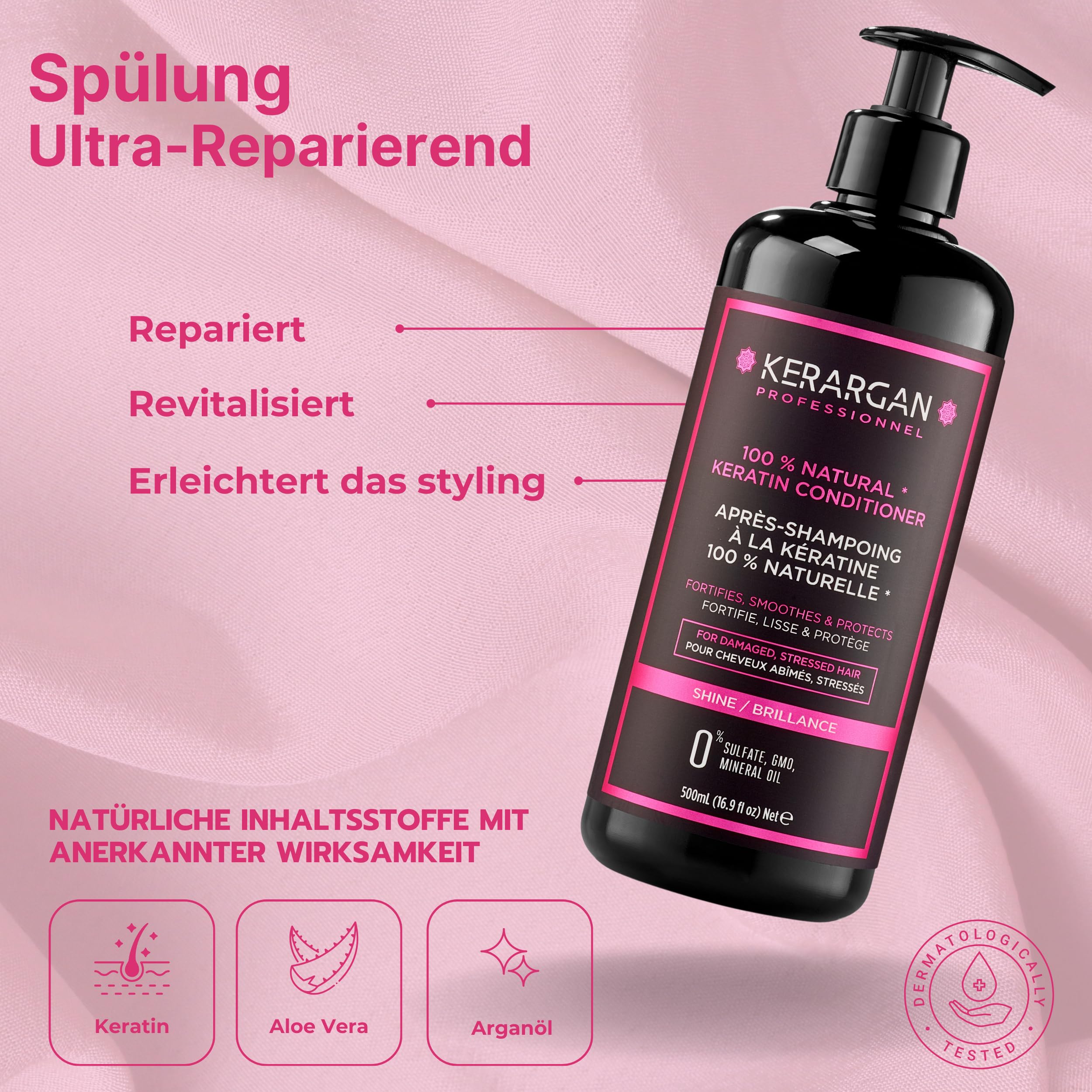KERARGAN - Keratin 6er Haarpflege-Set Komplett - 3x500ml+100ml+350ml+250ml | Shampoo, Conditioner, Haarmaske, Haarserum, Leave-in Pflege und Kopfhautpeeling, komplette Reparaturroutine