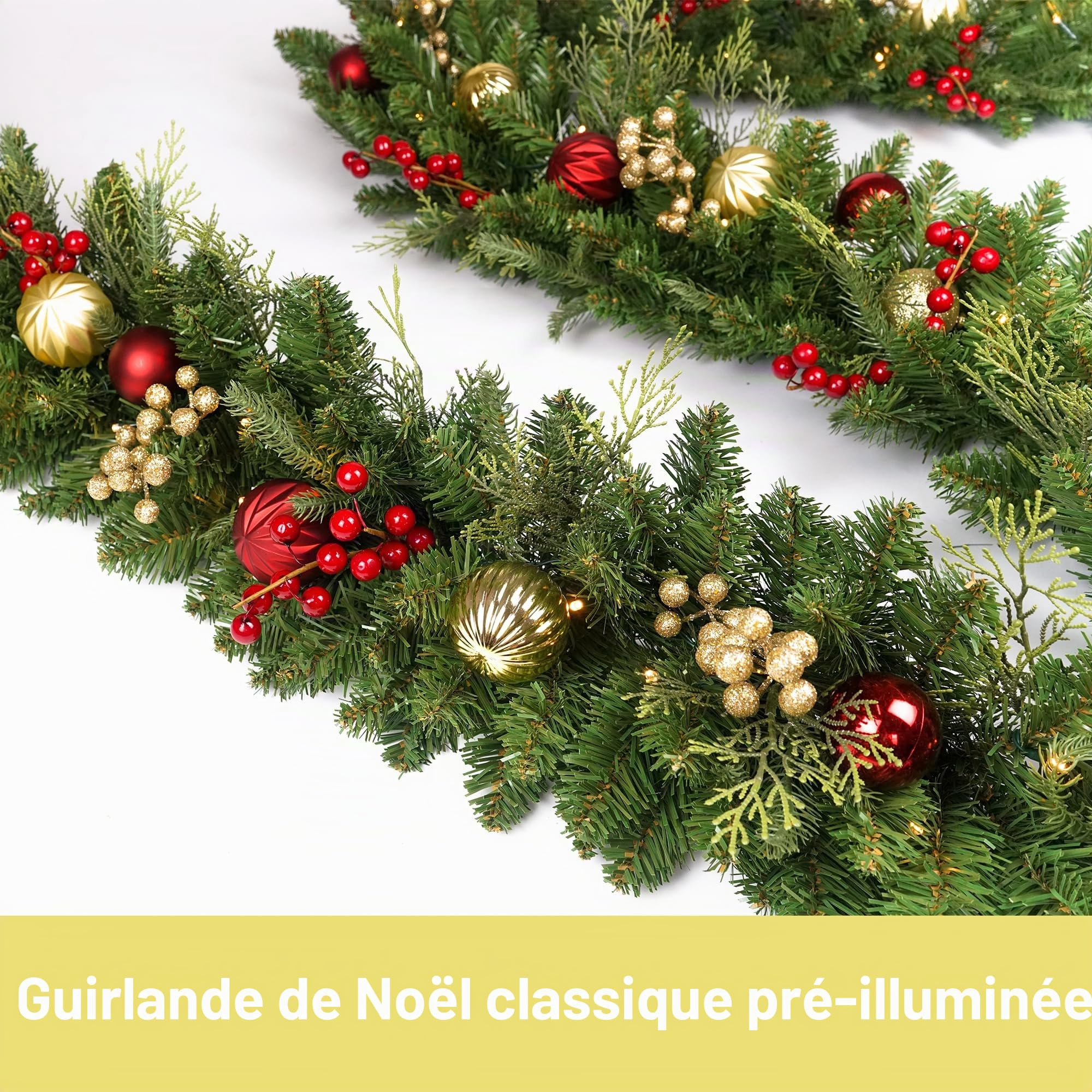 Guirlande de Noël de 2,7 m avec 50 LED, boules dorées et rouges contrôle des piles, décoration de Noël avec minuterie lumineuse pour cheminée d'escalier intérieur et extérieur