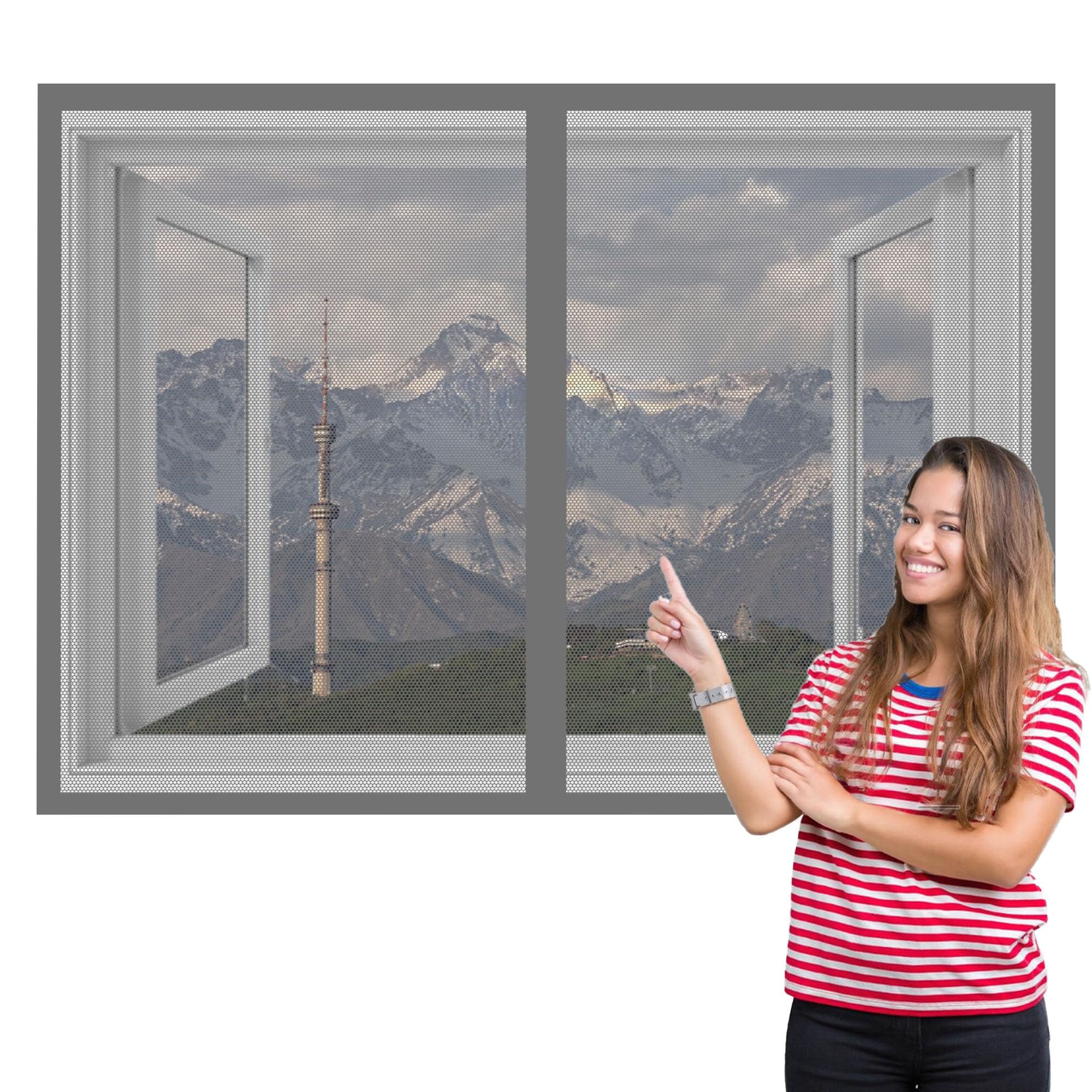 Window Fly Screen 110 x 165 cm with Selfadhesive Window Fly Net Easy Install for Living Room Bedroom Offfice, Grey