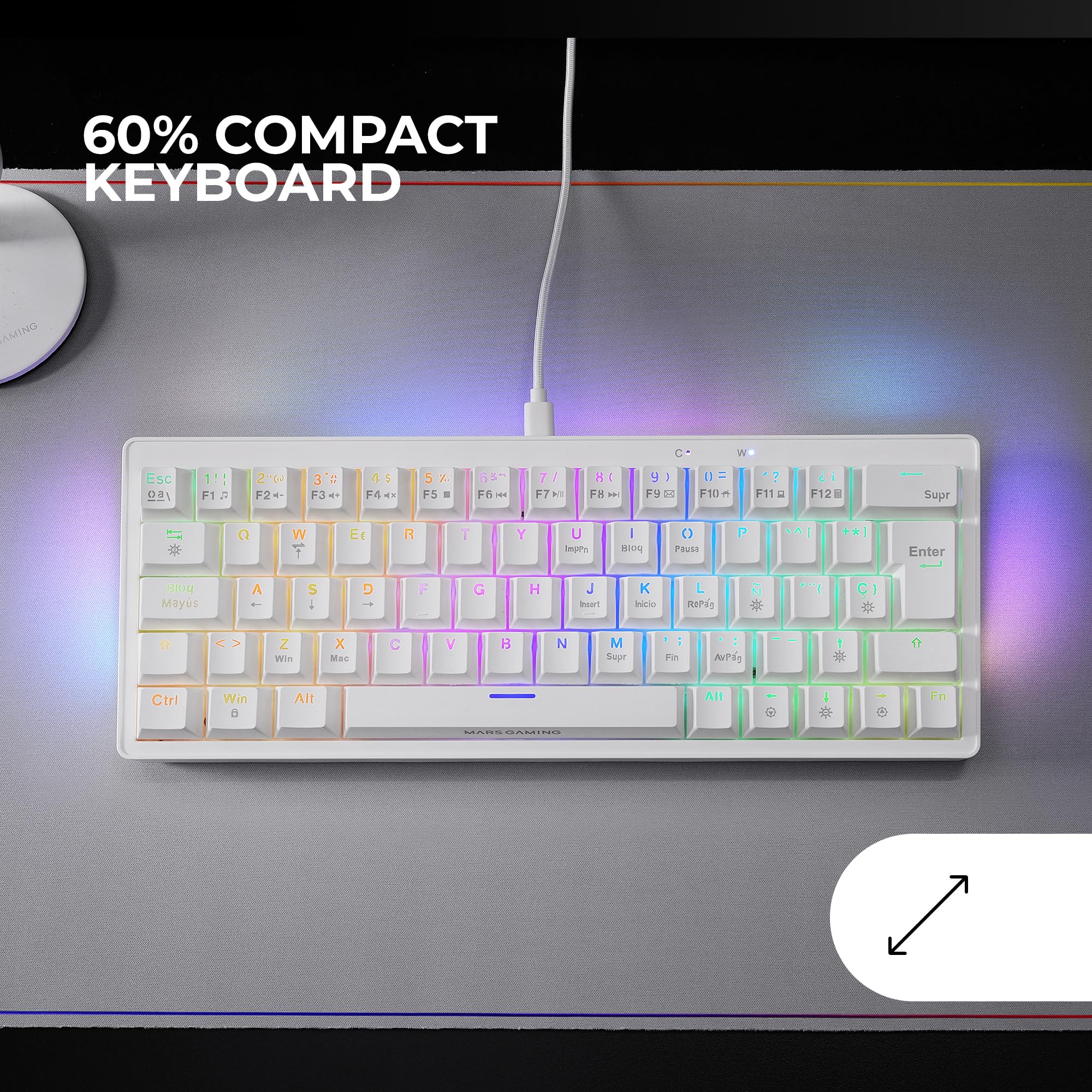 Mars Gaming MKMINIPRO, Espagnol, Clavier mécanique Ultra-Compact 60%, commutateurs mécaniques Hot-Swappable, éclairage RGB Chrome, Clavier Gaming Antighosting, Multiplateforme, Switch Marron, Blanc