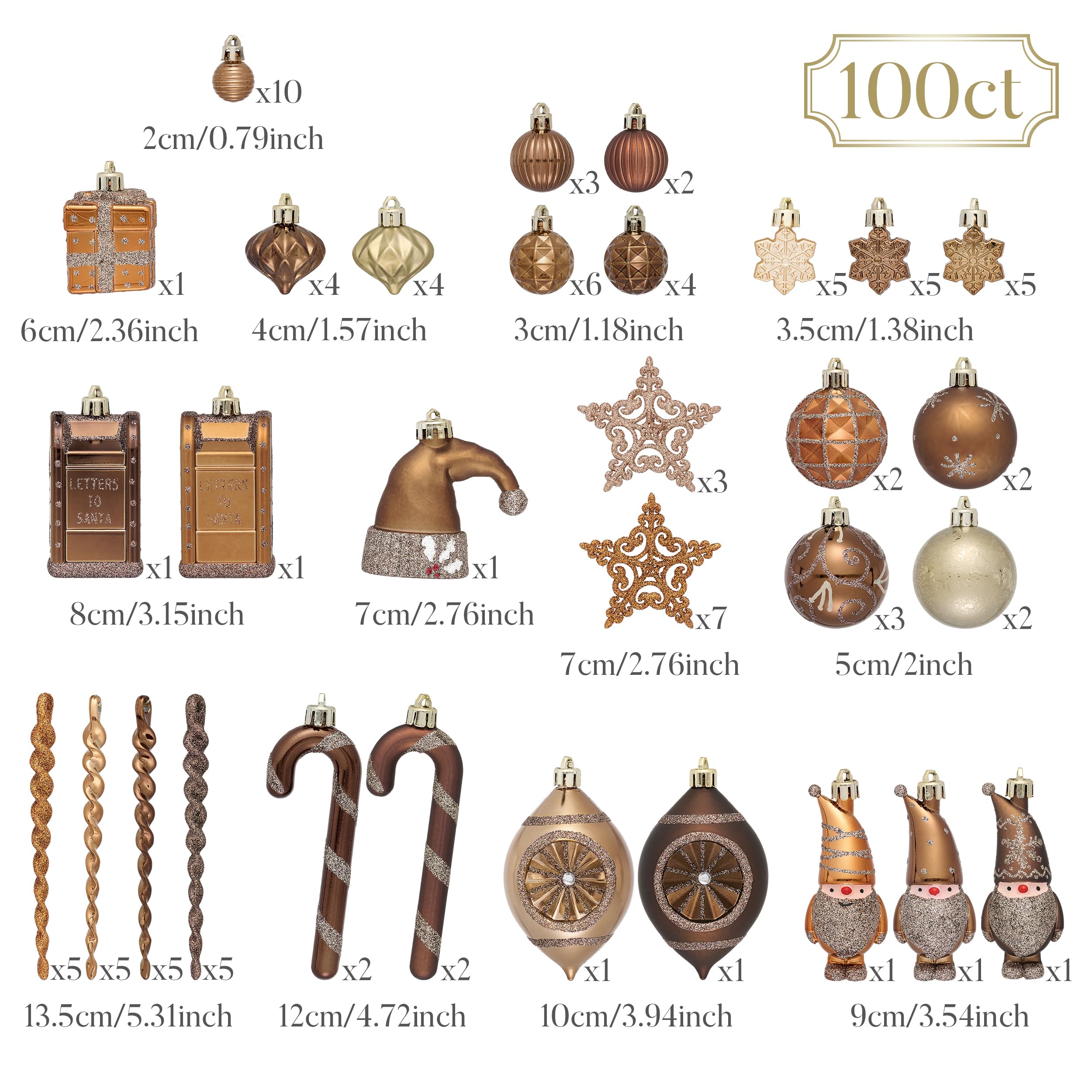 Valery Madelyn Weihnachtsbaumschmuck-Set, 100 Karat Bronze, Kupfer, Braun und Gold, bruchsicher, Weihnachtsbaumschmuck, Luxus-hängende Kugel-Ornamente für Weihnachten, Urlaub, Party-Dekoration