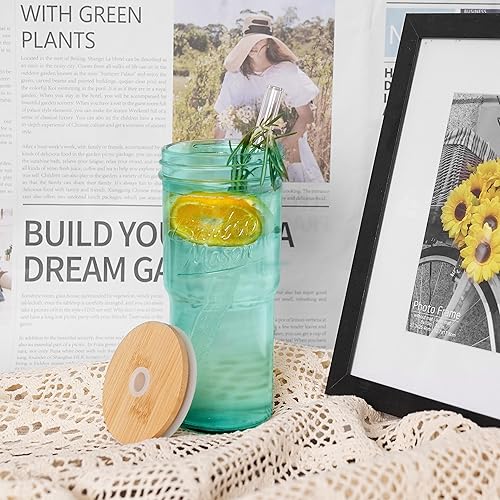 Miniatura 6 de ANOTION Vasos de vidrio de colores con tapas y pajitas  Taza de café de viaje de 24 onzas Tarro Mason de boca ancha Vaso de café helado Vaso de