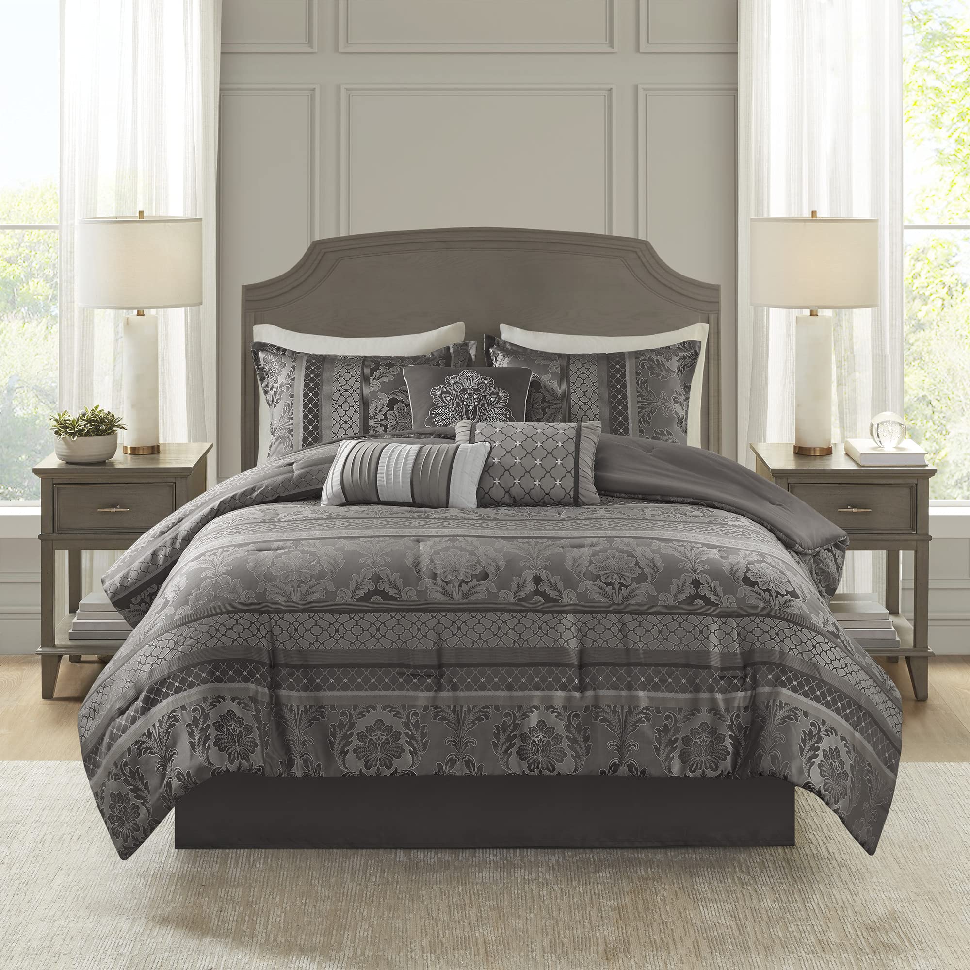 Madison Park Bellagio Cozy Comforter Set - Luxurious Jaquard Traditional Damask Design, All Season Down Alternative Bedding with Matching Shams, Decorative Pillow, King(104"x92"), Grey 7 Piece