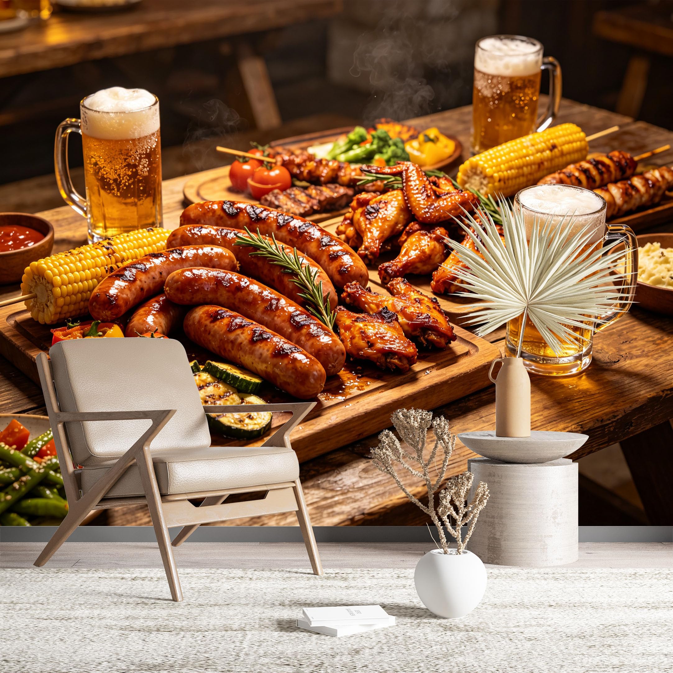 Custom Size Wall Murals BBQ Feast with Beer and Grilled Food Wall Stickers Self-Adhesive Wall Fabric (NO PVC) Removable Wallpaper for Kitchen Dining Room