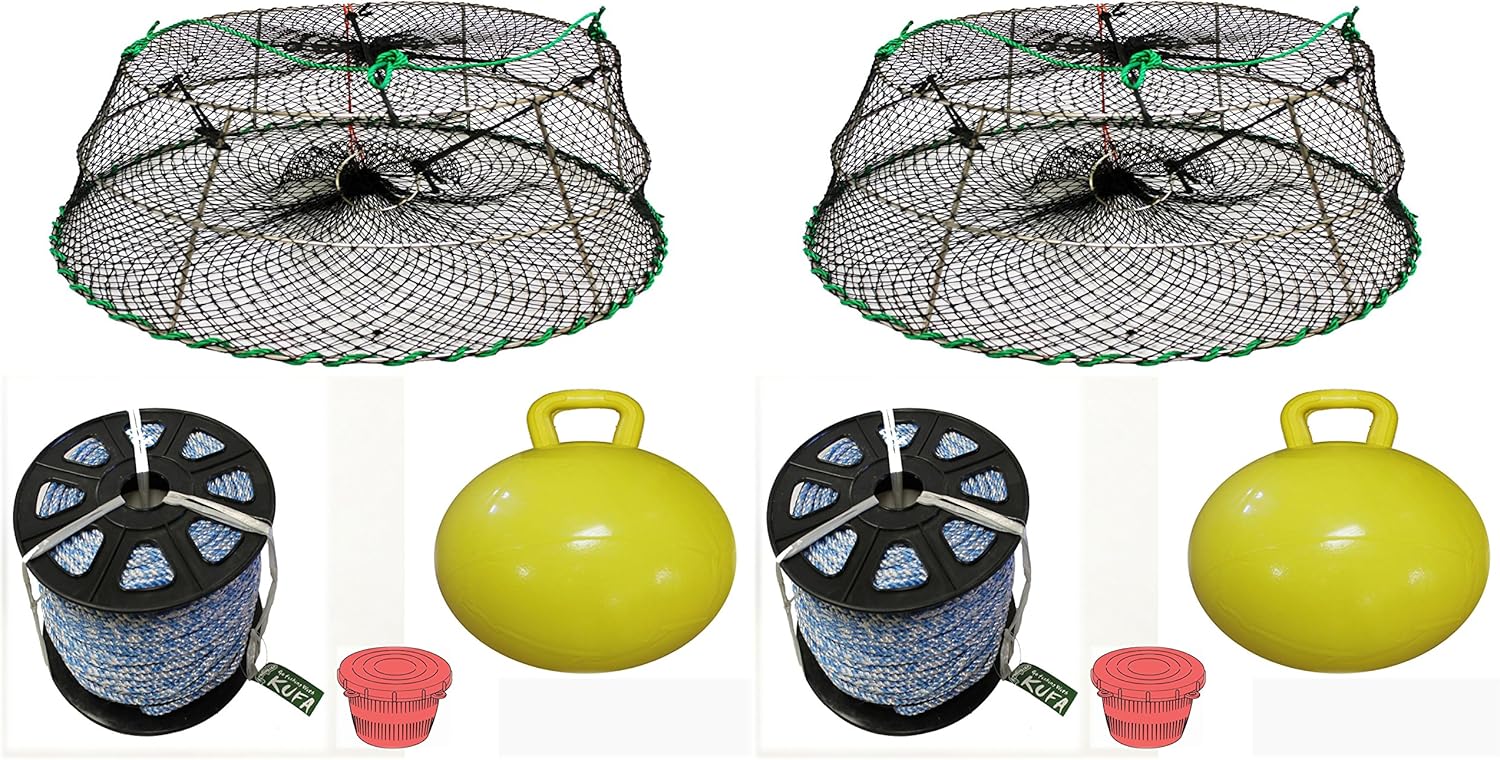 2-Pack of KUFA Sports Tower Style Prawn Trap with 400' Rope, Yellow Float and Vented Bait Jar Combo (CT77+SL4+F15Y+HB5) X2