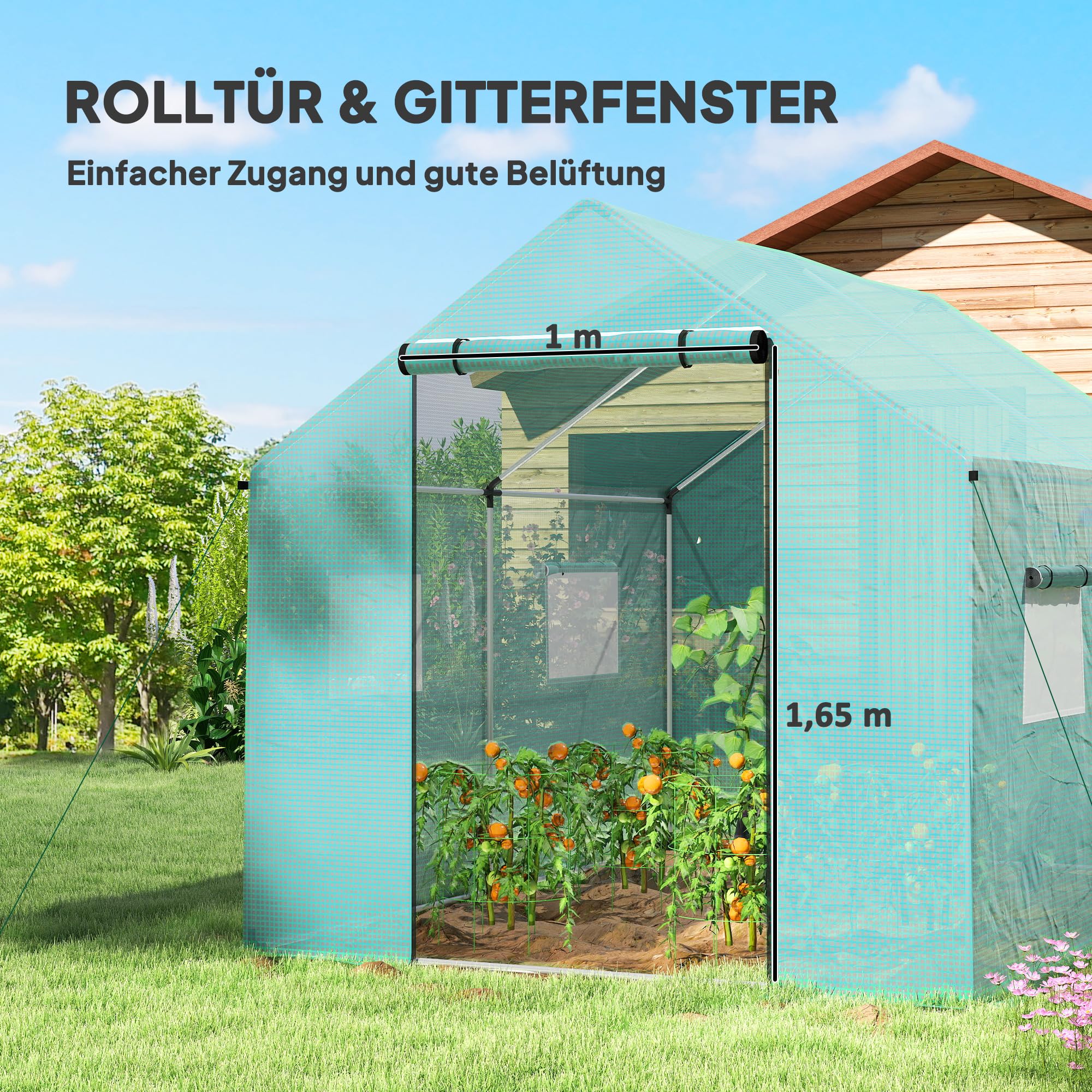 Outsunny Gewächshaus 3 x 2 x 2 m Moskitonetz Spitzdach 4 Fenster Grün