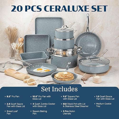 Miniatura 2 de Granitestone Ceraluxe - Juego de 20 utensilios de cocina de cerámica antiadherentes, juego completo de ollas y sartenes antiadherentes para cocina
