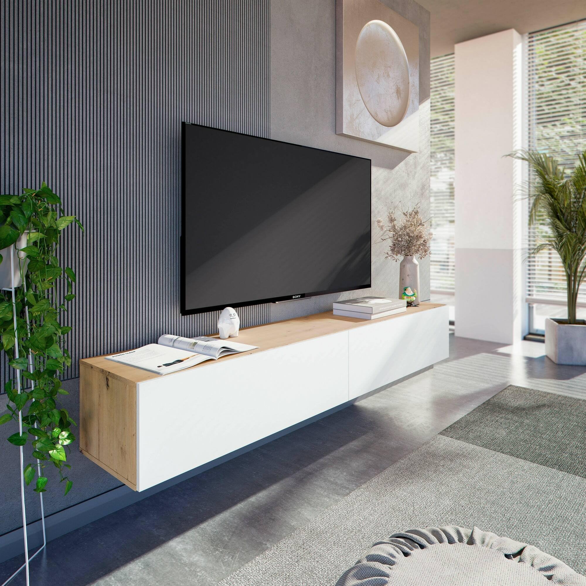 Dmora - Mobile porta TV Vincennes, Porta TV a 2 ante, Mobile sospeso soggiorno, 180x35h28 cm, Rovere Nodi e Bianco