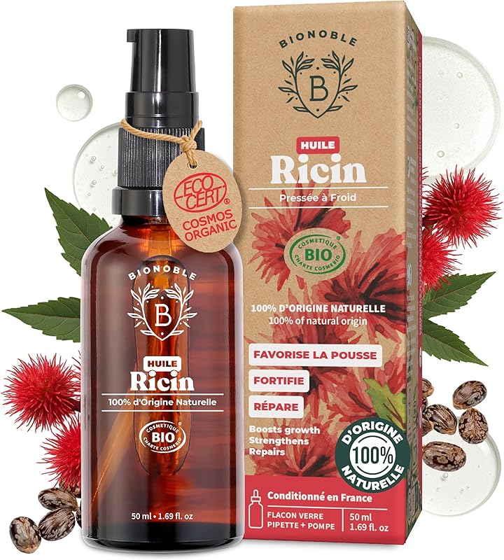 BIONOBLE Huile de Ricin Bio Pressée à Froid, 100% Naturelle - Favorise la Pousse, Répare - Huile de Ricin pour Cheveux, Cils, Sourcils - Castor Oil - Flacon Verre, Pipette, Pompe - 50ml