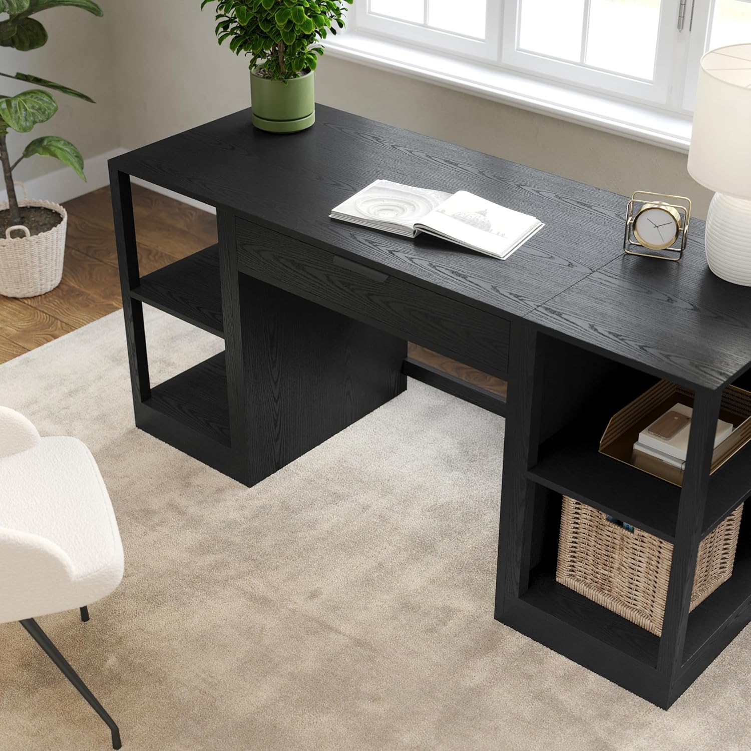 Martha Stewart Kayden Home Office Modular Desk with Drawer and Dual 2 Tier Shelves in Black with Oil Rubbed Bronze Hardware