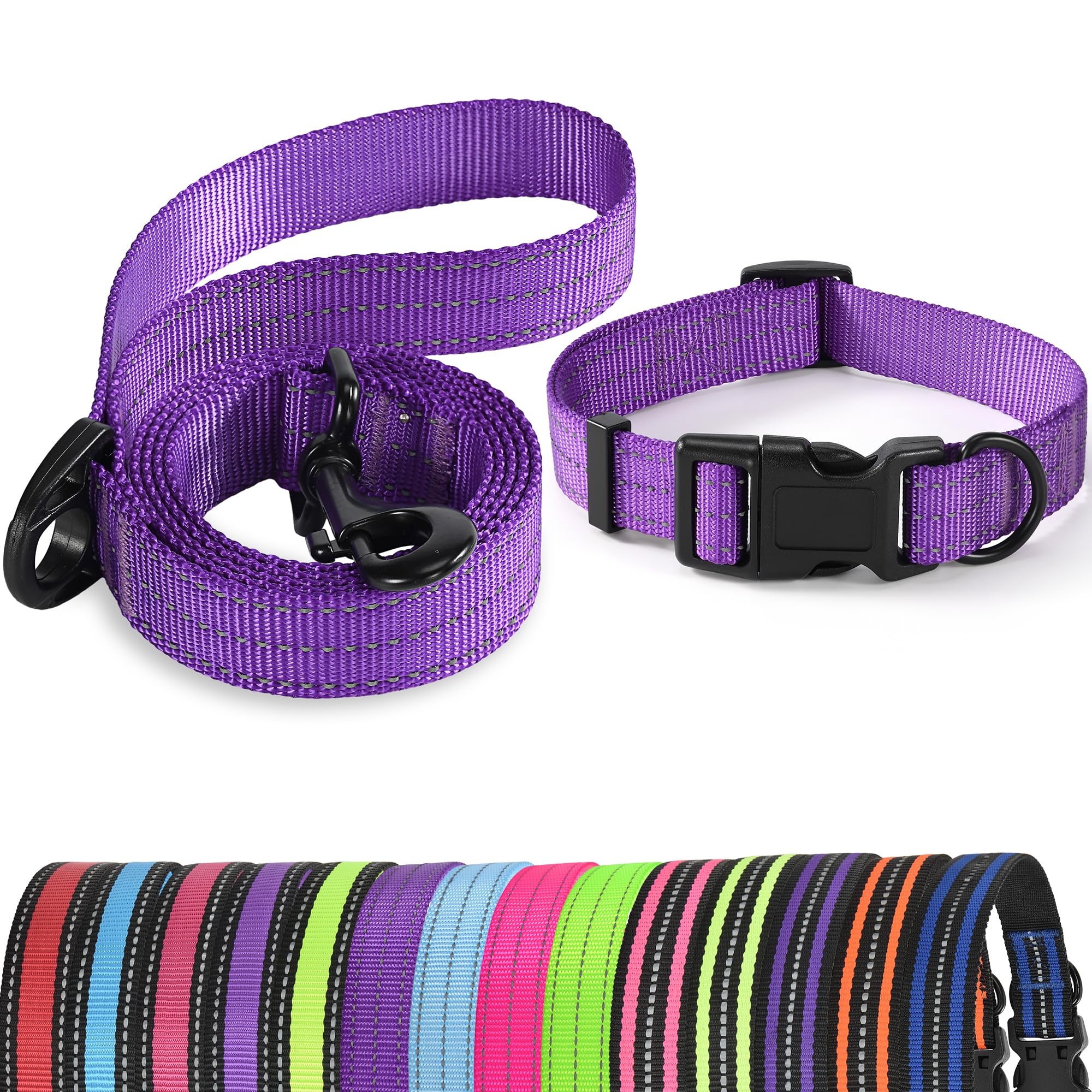 Pawhuggies Reflective Dog Collar & Leash Set - Adjustable Nylon With Quick Release, Purple Small