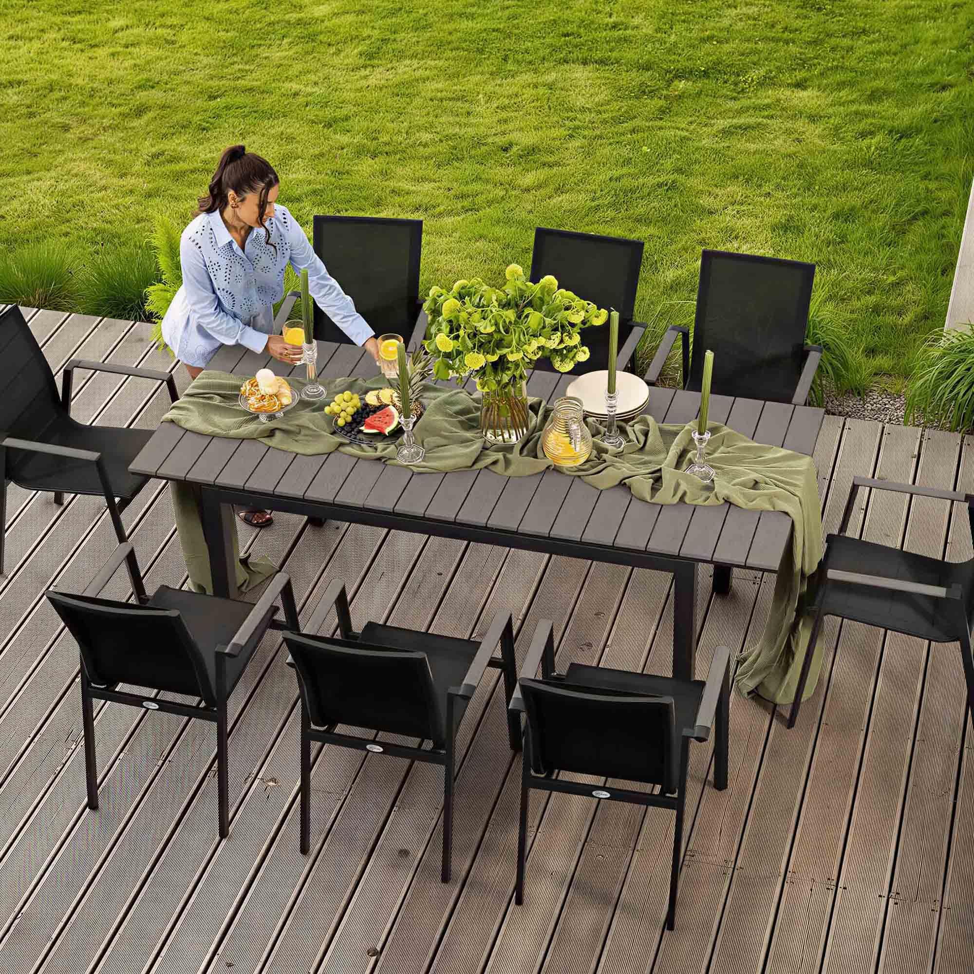 di volio Gartenmöbel MIRANNO, ausziehbarer Gartentisch mit stapelbaren Stühlen - Set, langlebige Essgruppe für 6-8 Personen, robust & wetterfest (Grau, 8-Sitzer)