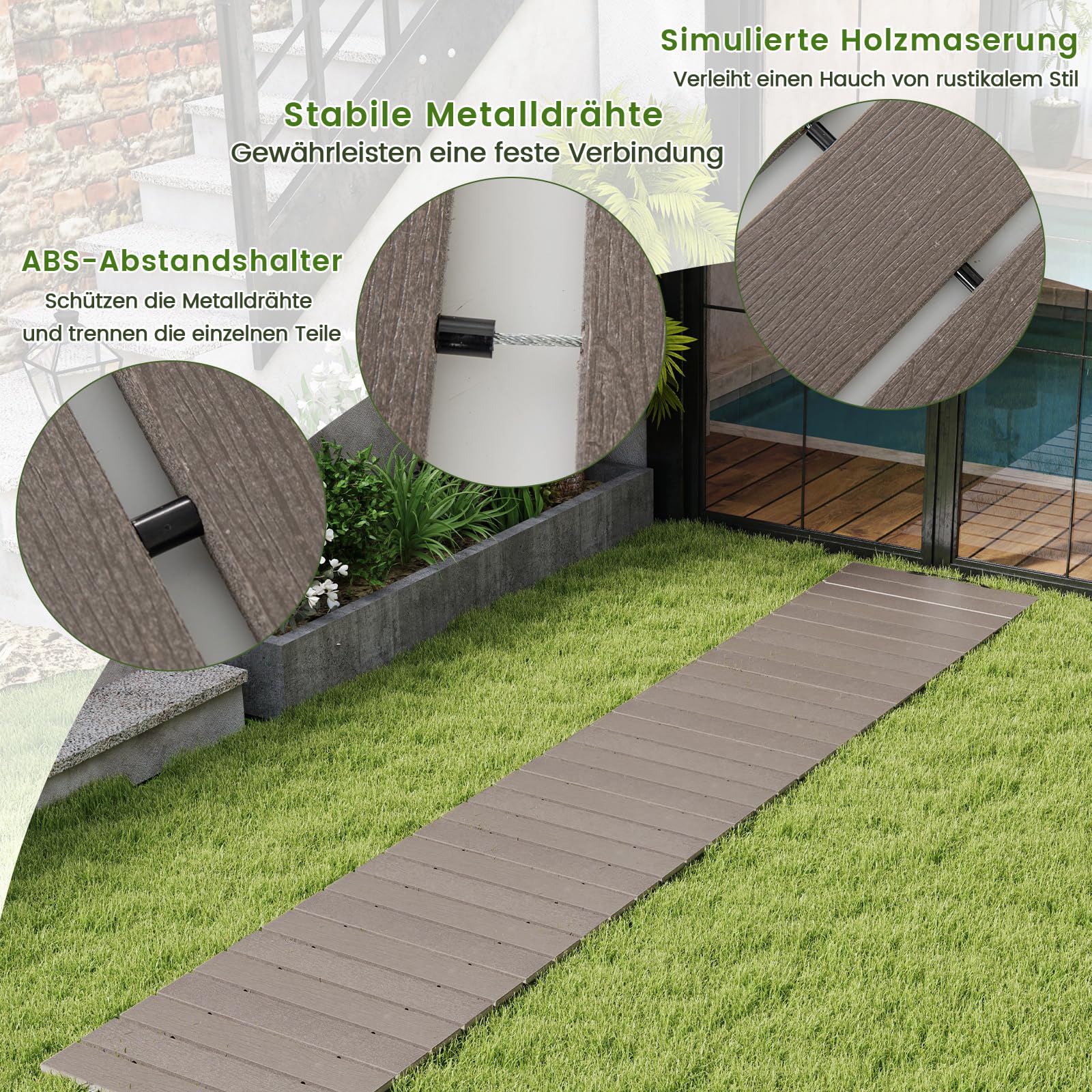 COSTWAY Rollweg aus HDPE, 242 x 43cm Gehweg ausrollbar, Gartenweg wetterfest, Gehwegplatte Trittplatte für Hochzeit, Party, Garten, Grau