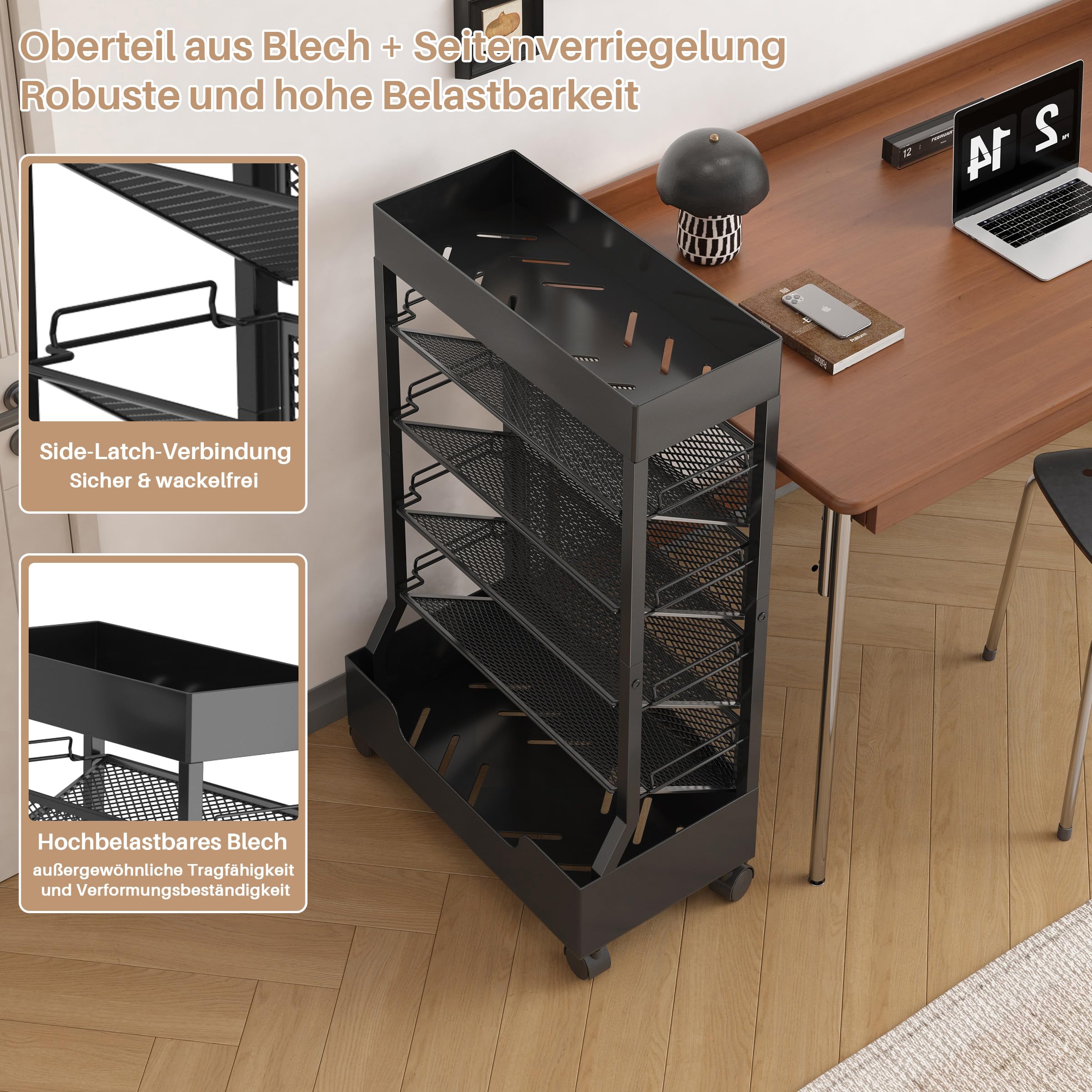 Mobiles Bücherregal mit Rad,Schreibtisch-Organizer, Büroregal Bücherwagen Zeitschriftenständer,großes Fassungsvermögen-Schwarz