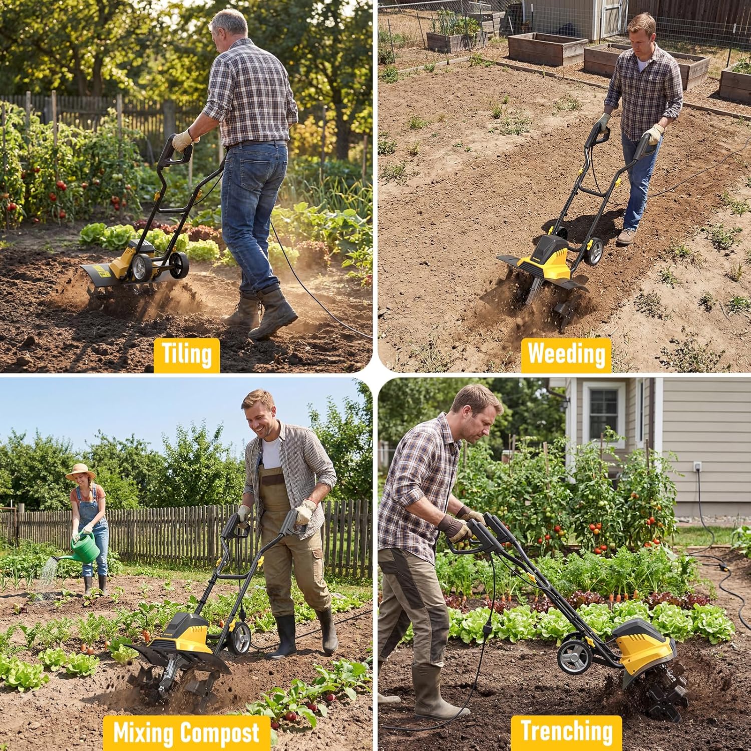 Electric Tiller for Gardening, 18-Inch 13.5-Amp Rototiller & Cultivator with 6x4 Steel Tines, 8.7" Adjustable Tilling Depth, Foldable Electric Garden Tiller with Wheels for Lawn/Yard