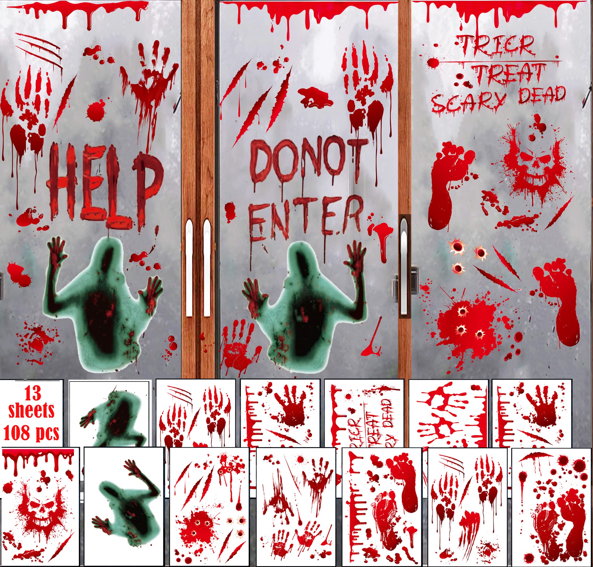 Photo 1 of 2 pack - Halloween Bloody Handprint Footprint Window Clings Scary Splatter Drops Create The Horrible Scene in Your Halloween Party