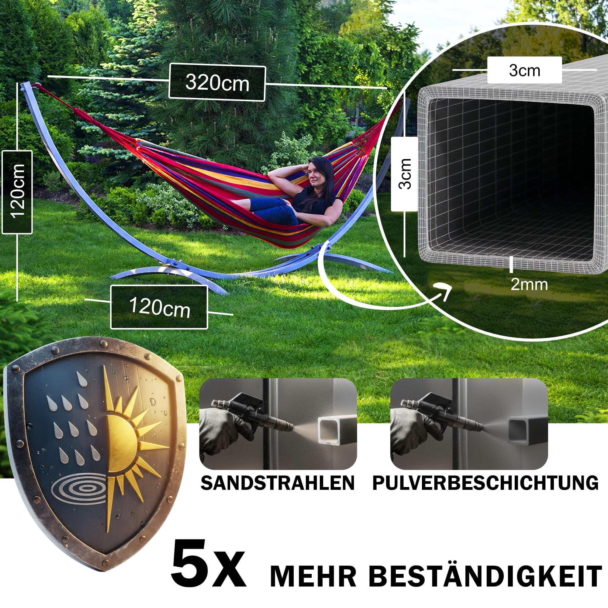 Potenza Supporto per Amaca in Acciaio 320 cm I Struttura Resistente Fino a 120 kg, Antiruggine, per una Persone, Ideale per Giardino, Terrazza I Telaio Universale per Amache (Graphite Base)