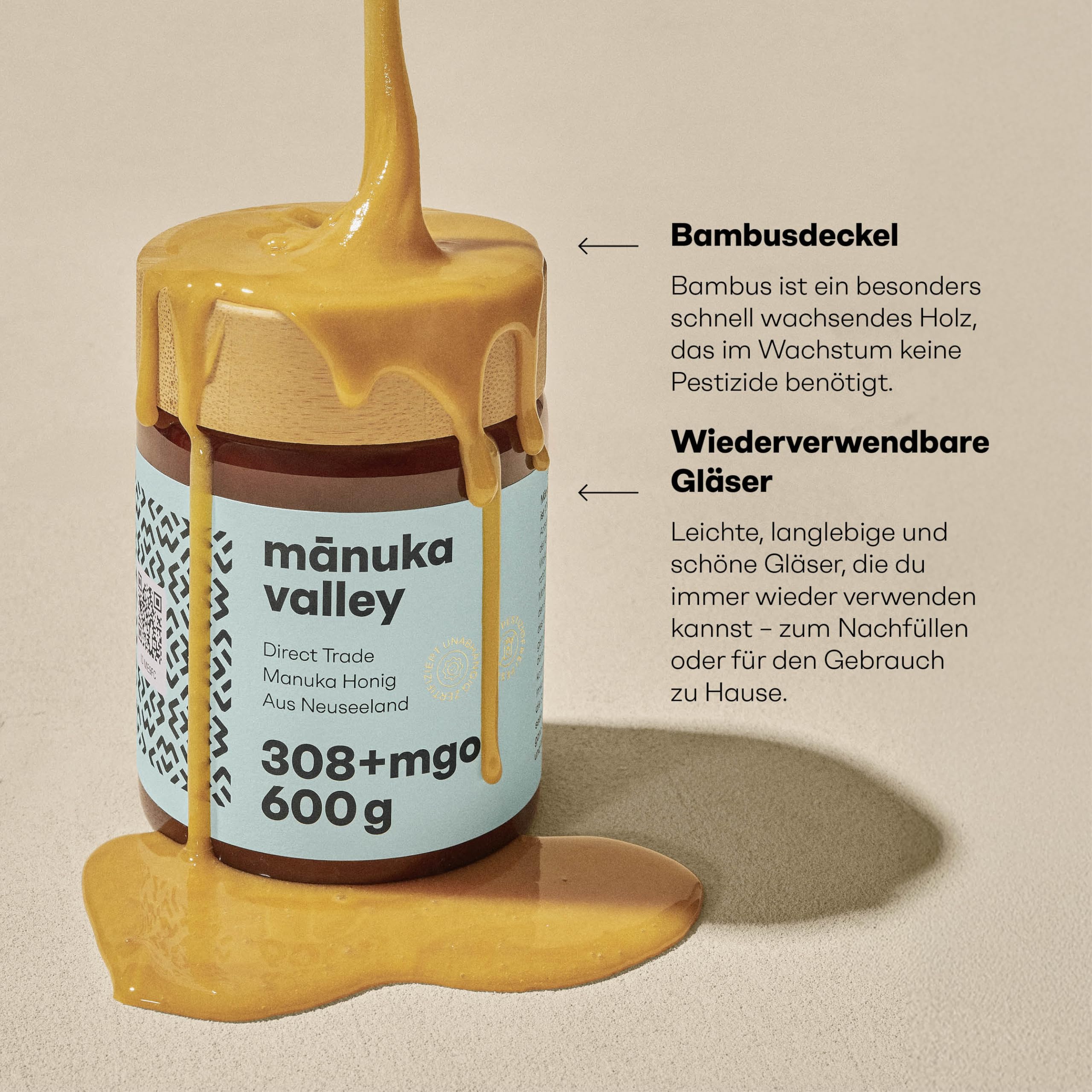 MANUKA VALLEY – Manuka Honig mit 308+ MGO im Glas. 600 g. Laborgeprüft und zertifiziert – 100 % natürlicher Manuka-Honig aus Neuseeland. Cremiger, milder und zarter Manukahonig