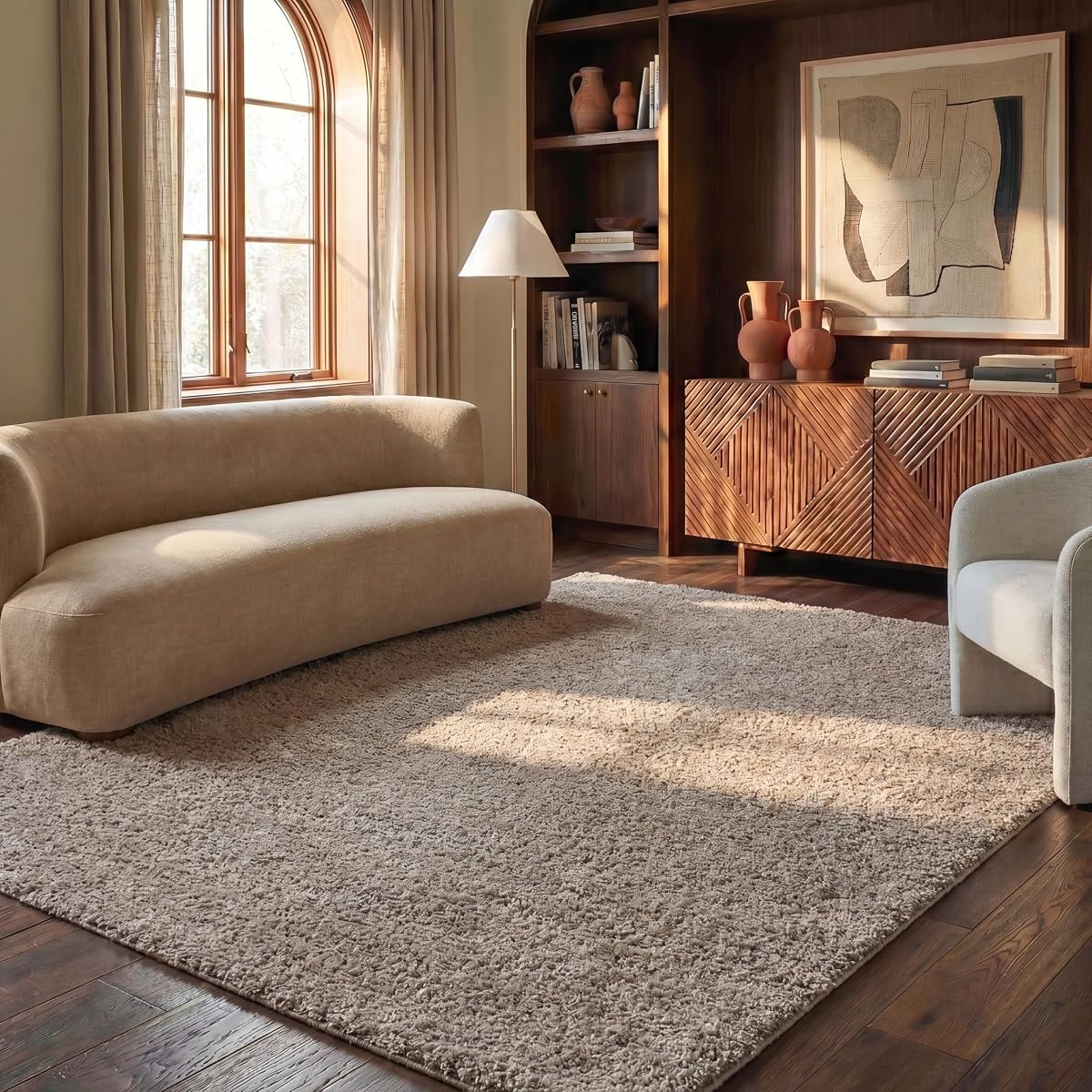 SAFAVIEH Alfombra de área 8x10 - Colección Atenas Shag - Grande - Beige, no se desprende y fácil de limpiar, ideal para sala de estar, dormitorio, comedor (SGA119G)
