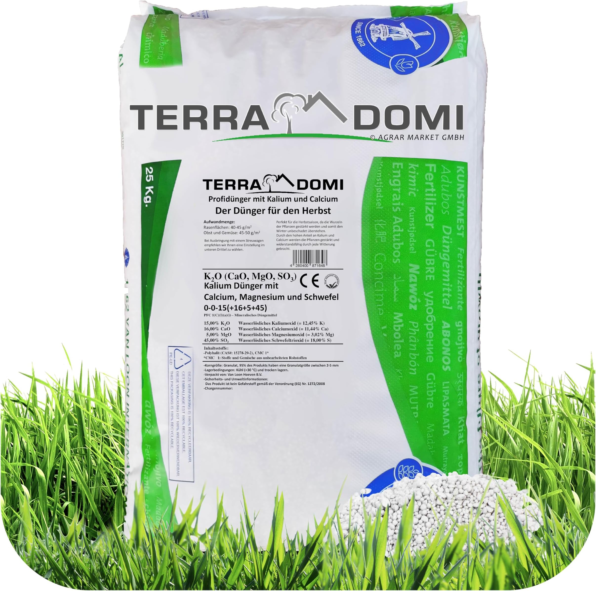 TerraDomi Herbstdünger Rasen 25 kg Rasendünger Herbst mit