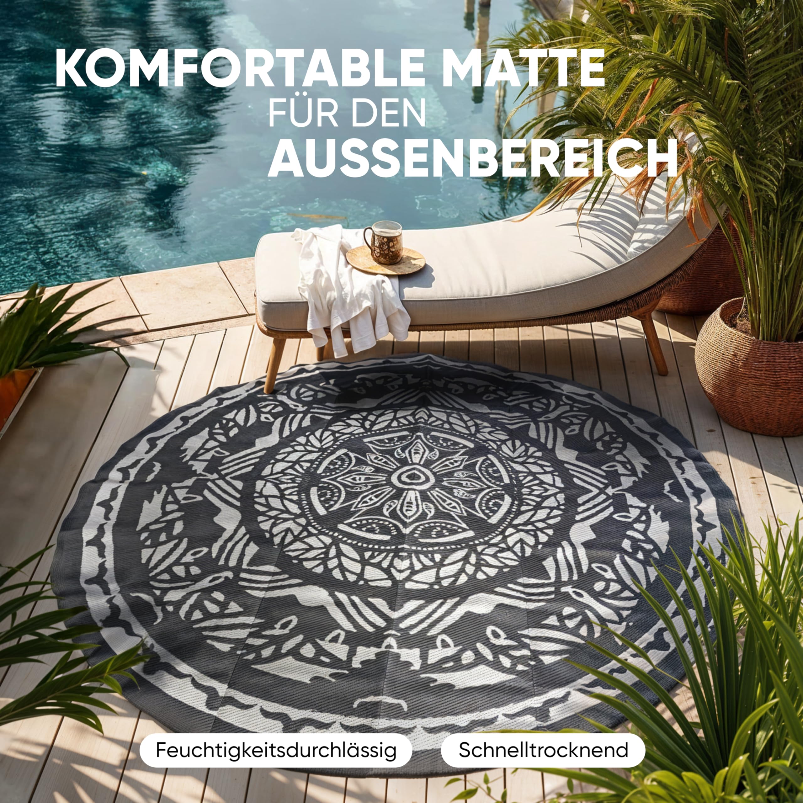 EVOCAMP Outdoor Teppich rund Ø 240 cm, Kunststoffteppich, wetterfest und leicht, Picknickdecke für den Outdoor-Bereich, Vorzeltteppich aus Kunststoff-Fasern, für Terrasse und Balkon (Grau-weiß)
