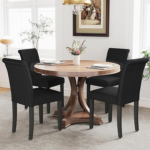 Miniatura 2 de thksbought Juego de 4 sillas de comedor tapizadas de tela con detalles de botones incrustados (Juego de 4 en negro) Lino (carbón),Lino