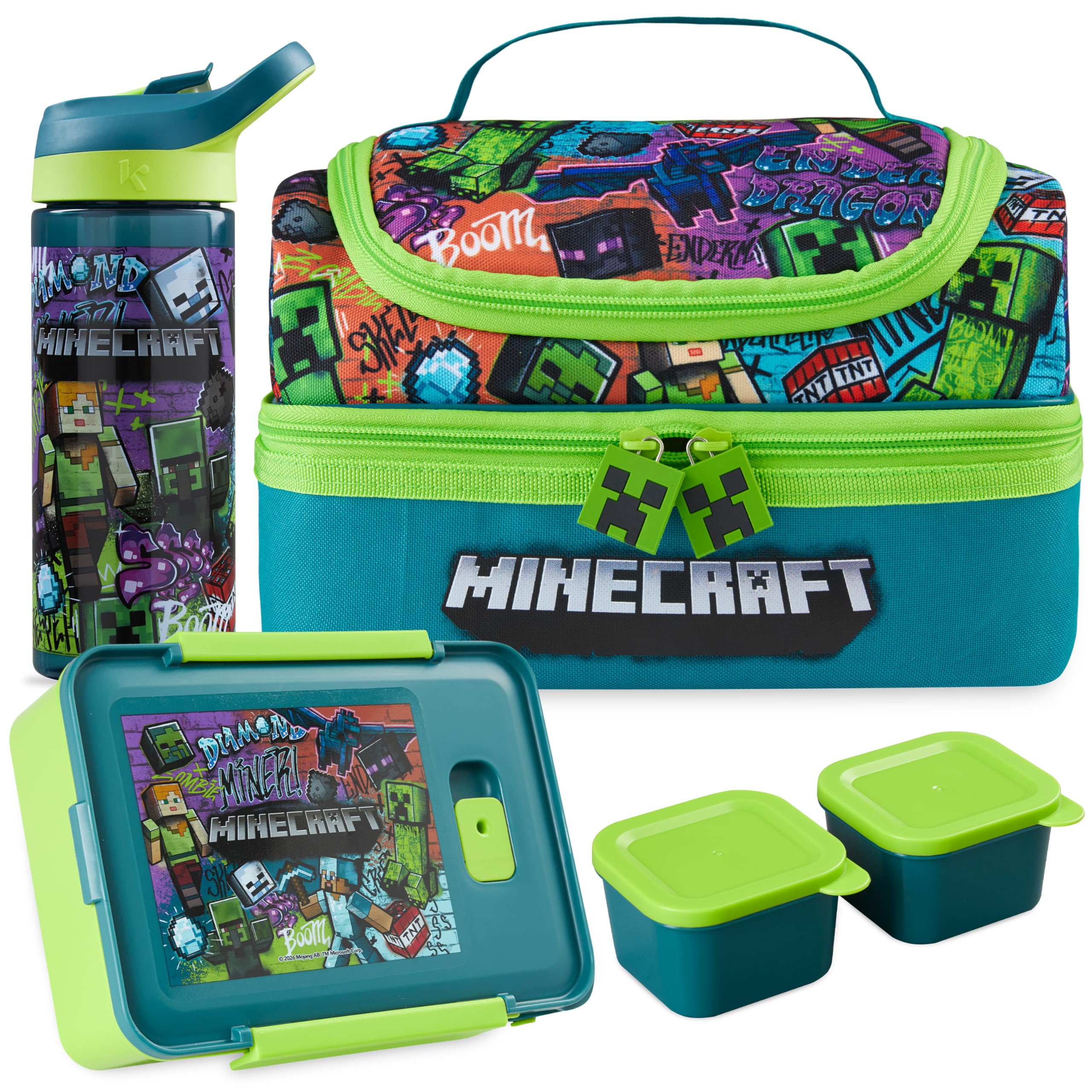 Get Trend Minecraft Sac Isotherme Repas Enfant Set, 3 Pcs Lunch Bag Isotherme, Bento Lunch Box et Sans BPA Gourde avec Paille, Avec Poigné et Fermeture Eclair, Cadeau Garcon (Multi Minecraft)