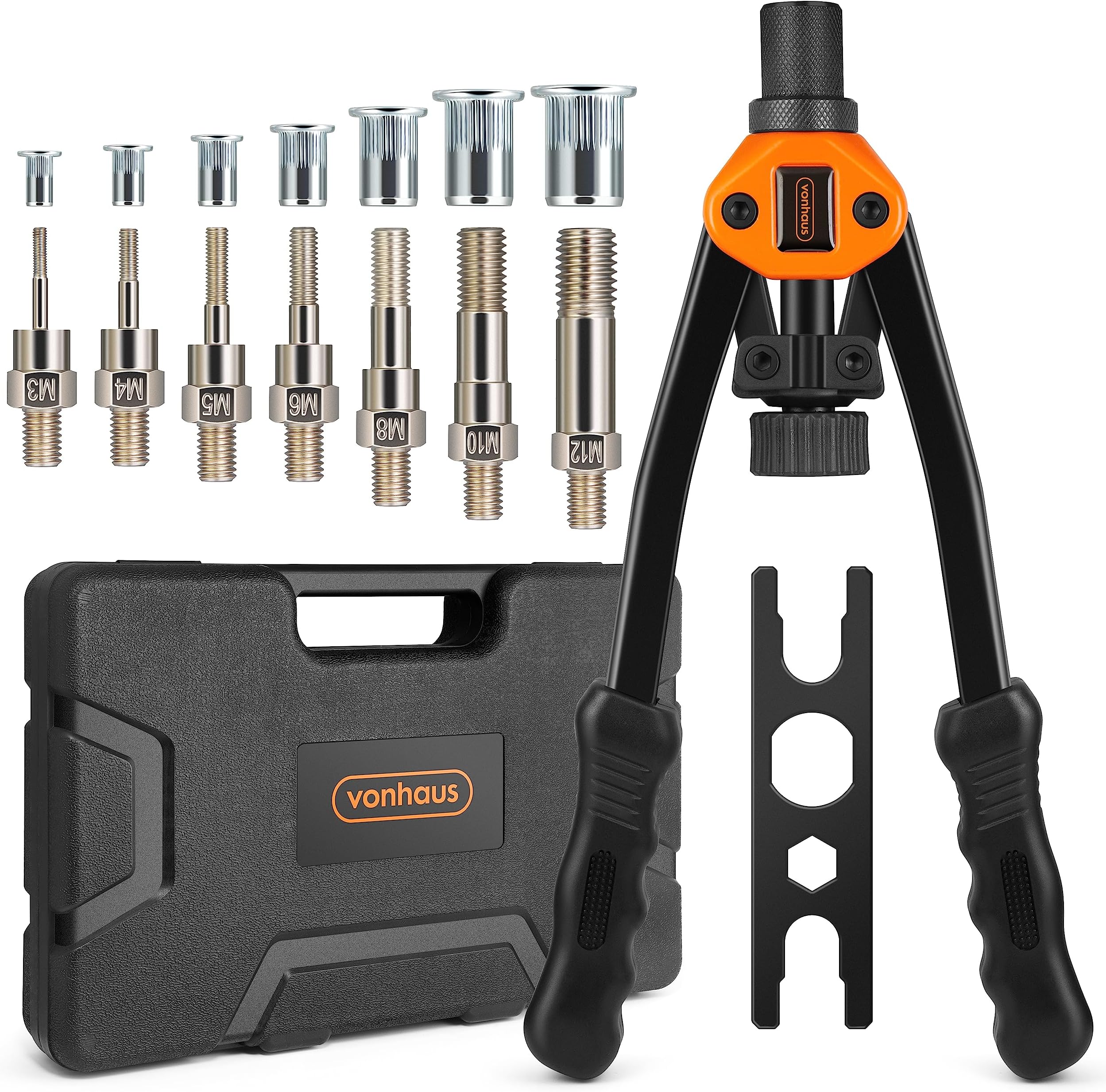 Rivet Nut Gun - Rivnut Tool - Hand Riveter Pliers Set - Nutsert Tool - with M3 M4 M5 M6 M8 M10 M12 Metric 7 Mandrels and 150Pcs Assorted Rivnuts - Nutsert Thread Setter with Carrying Case